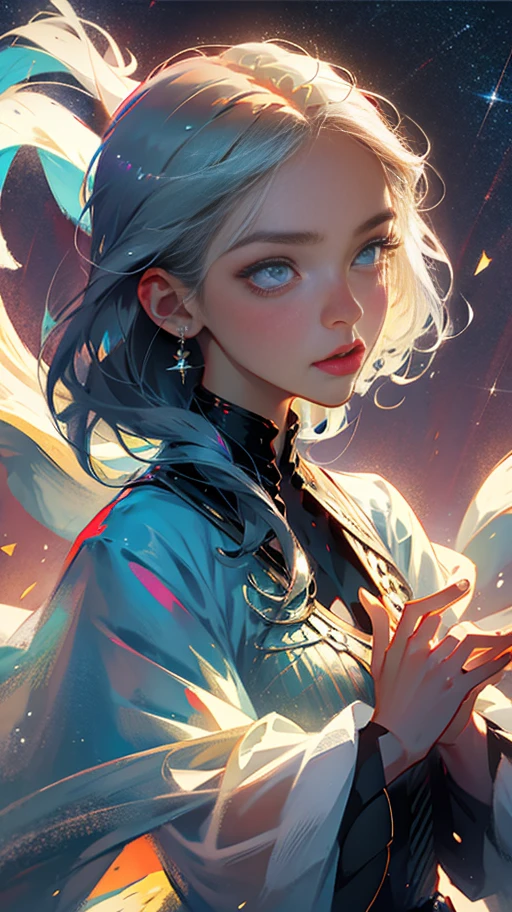 (best quality, masterpiece), 1girl, pose, facial features, eyes, particles, wind, upper body, simple background, looking at viewer, silver-haired girl, starry sky,