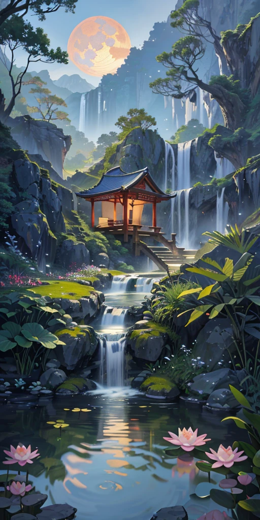Ancient Chinese architecture, garden, bamboo, lake, stone bridge, rockery, arch, corner, rockery, tree, flowing water, landscape, outdoor, waterfall, meadow, rock, water lily, stream, lotus, moon, night view, hot springs, water vapor, (illustration: 1.0), epic composition, realistic lighting, high-definition detail, masterpiece, best quality, (very detailed CG unified 8k wallpaper), (best quality)