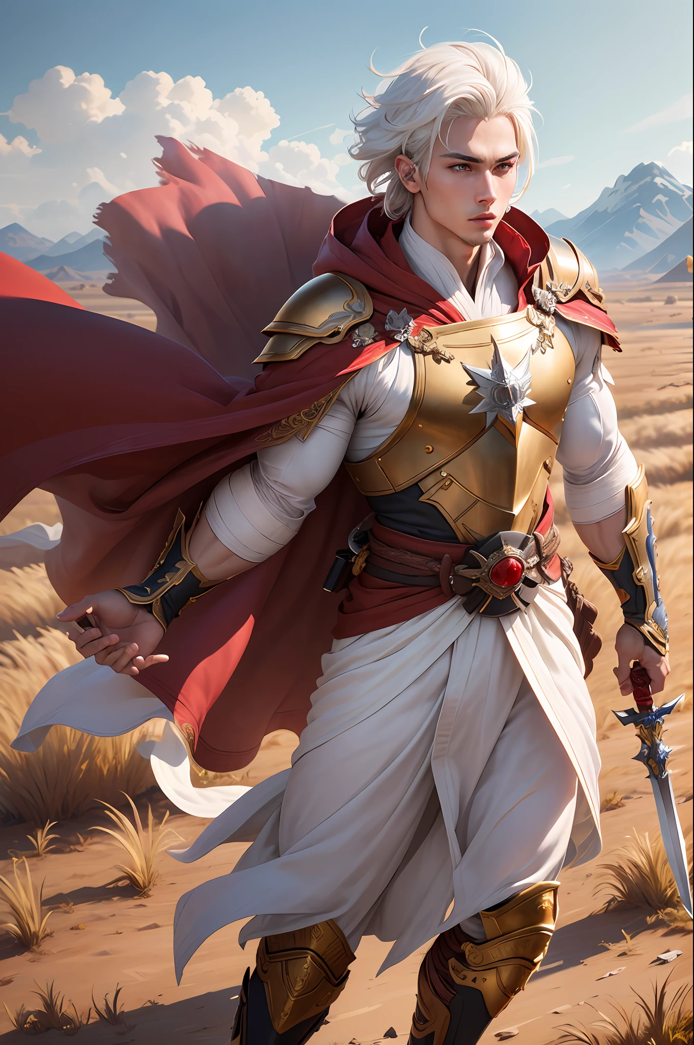masterpiece, highest quality, solo focus, (perfect face:1.1) , (high detail:1.1), (dramatic, 1.5), (Short White hair:1.3) action shot, strong, 1 muscular male, Dressed in Imperial Prince Clothes and Armor:1.3, gold jewelry:1.3, Short platinum hair:1.3, holding long sword 1.2), (in open plains, daytime, bright light:1.3), young men, Messy hair,Fashion hairstyles, battle stance, hyper detailed, digital art, studio quality, smooth render, unreal engine 5 render, octane render, 8K, European man with Korean features, Prince clothes, long red cape