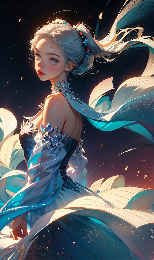 (best quality, masterpiece), 1girl, pose, particles, wind, upper body, simple background, looking at viewer, silver-haired girl, milky way,