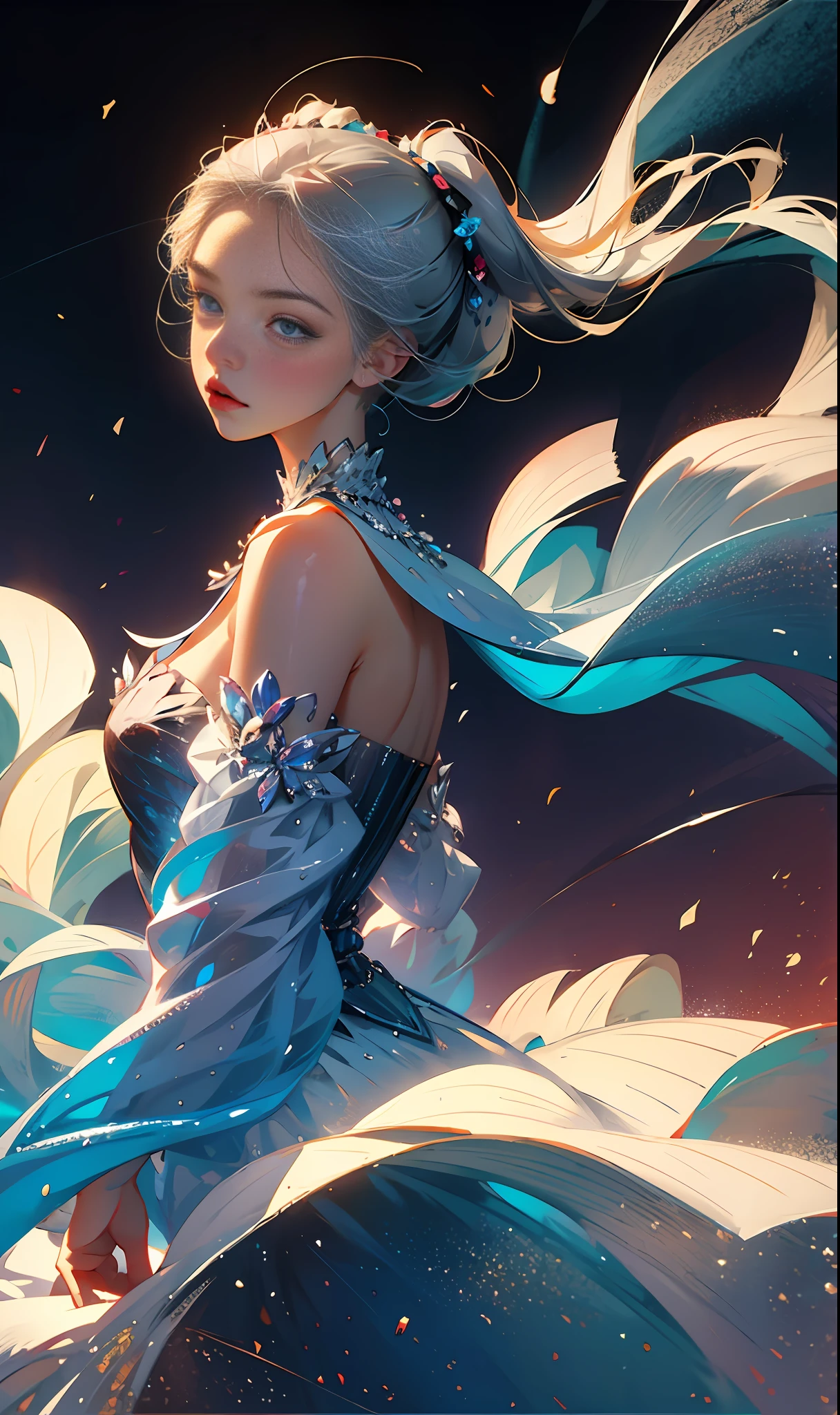 (best quality, masterpiece), 1girl, pose, particles, wind, upper body, simple background, looking at viewer, silver-haired girl, milky way,