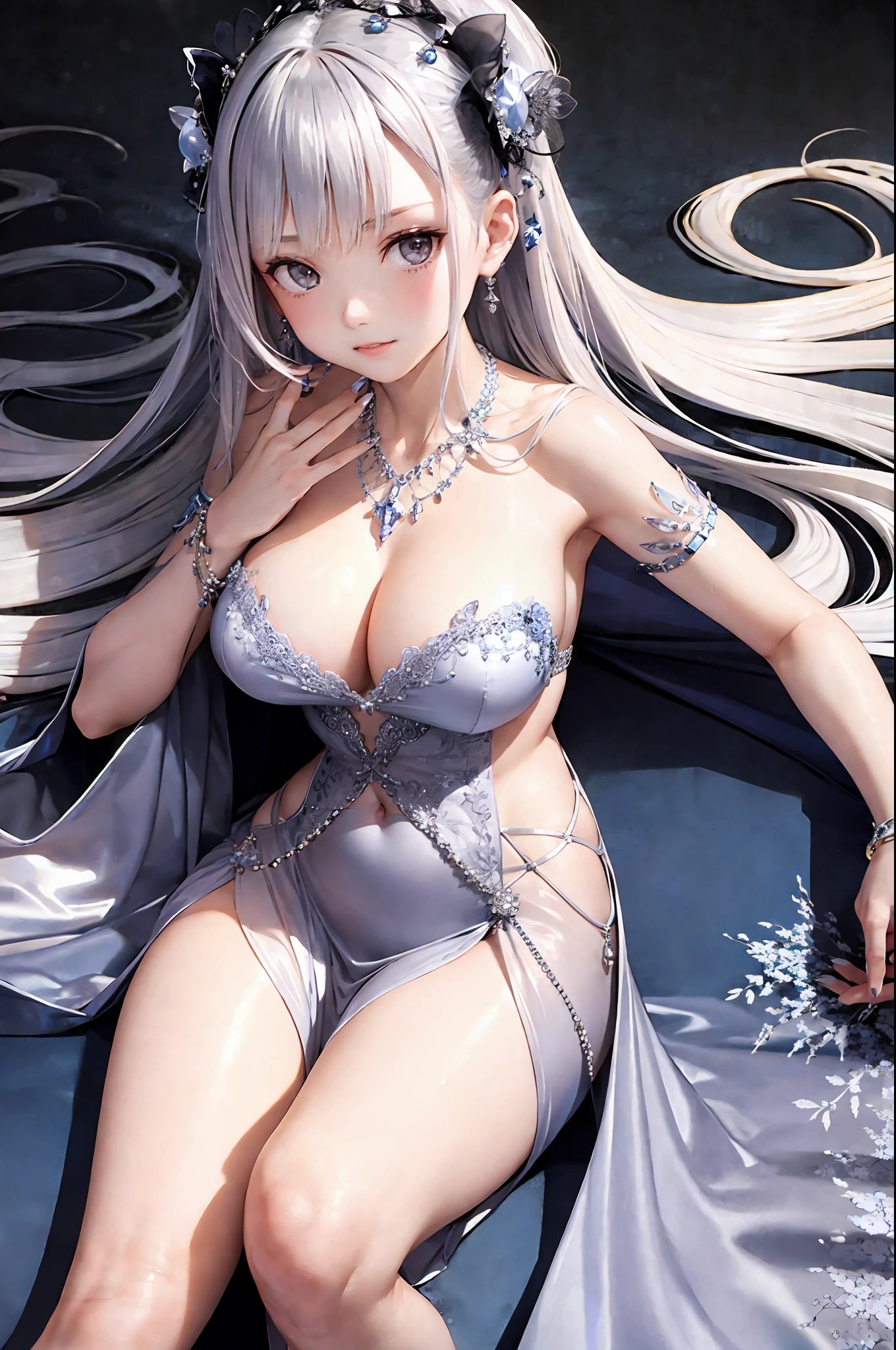 (8k, best quality, masterpiece: 1.2), 1girl, headwear, portrait, (long loose silver strapless dress: 1.1), necklace, lying down, thighs, blue nails, cute, cityscape, night, rain, wet, professional lighting,photon mapping,radiosity , physical rendering,(mature women:1.1), (exquisite and detailed, tight clothes, hair accessories:1.2),