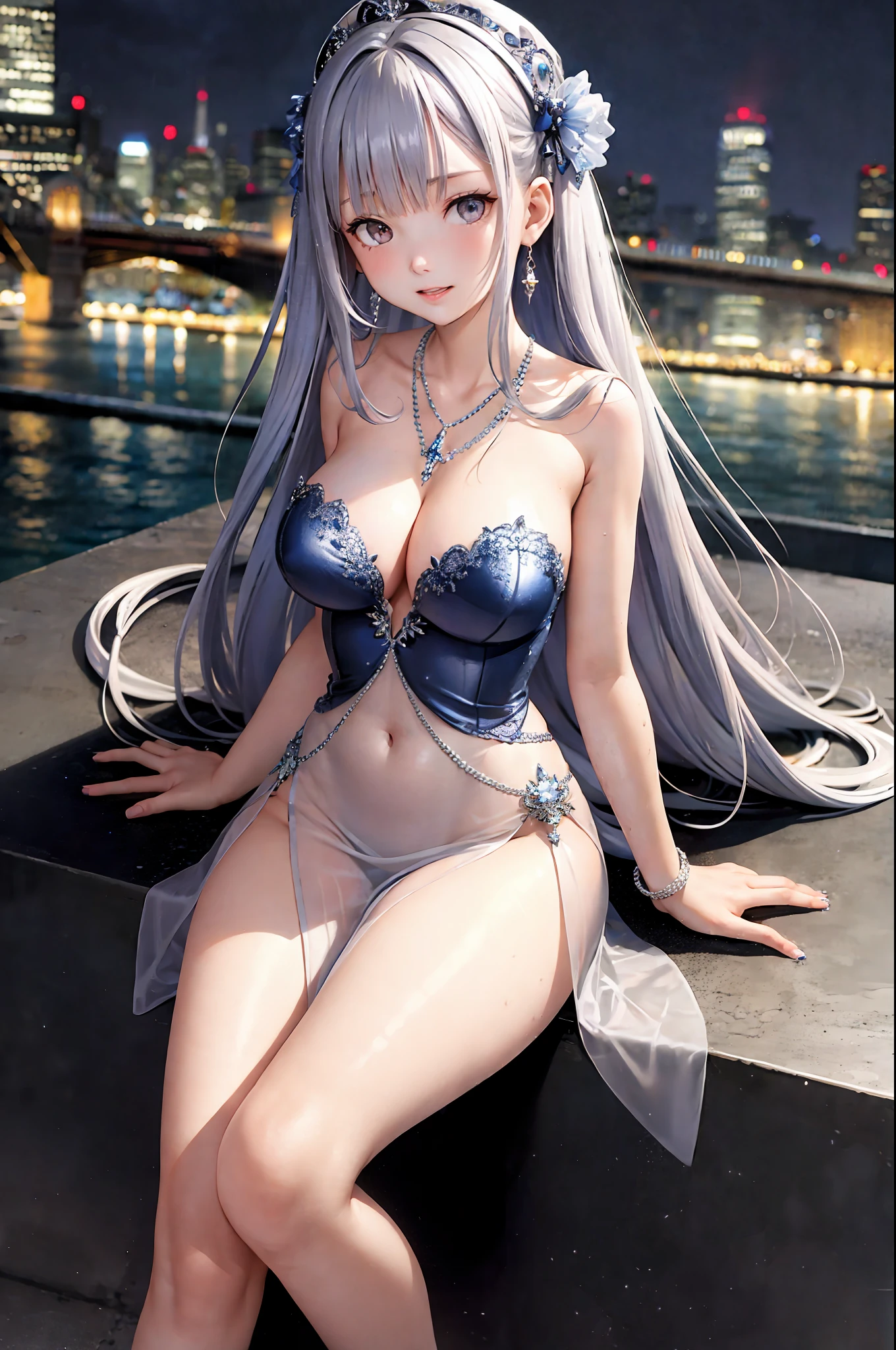 (8k, best quality, masterpiece: 1.2), 1girl, headwear, portrait, (long loose silver strapless dress: 1.1), necklace, sitting, thighs, blue nails, cute, cityscape, night, rain, wet, professional lighting,photon mapping,radiosity , physical rendering,(mature women:1.1), (exquisite and detailed, tight clothes, hair accessories:1.2),