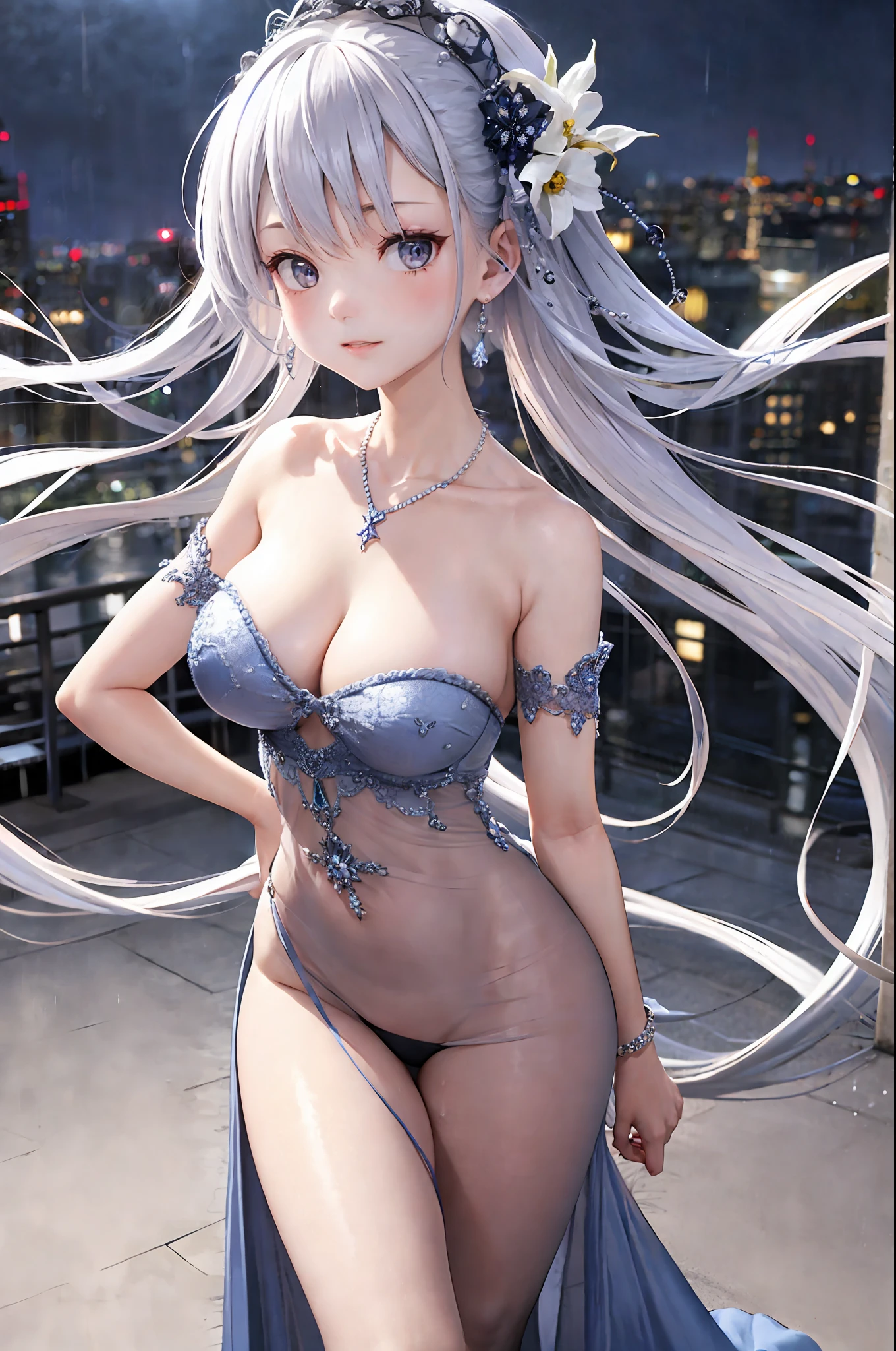(8k, best quality, masterpiece: 1.2), 1girl, headwear, portrait, (long loose silver strapless dress: 1.1), necklace, blue nails, cute, cityscape, night, rain, wet, professional lighting, photon mapping, radiosity , thighs, physical rendering, (mature women: 1.1), (delicate and detailed, tight clothes, hair accessories: 1.2),