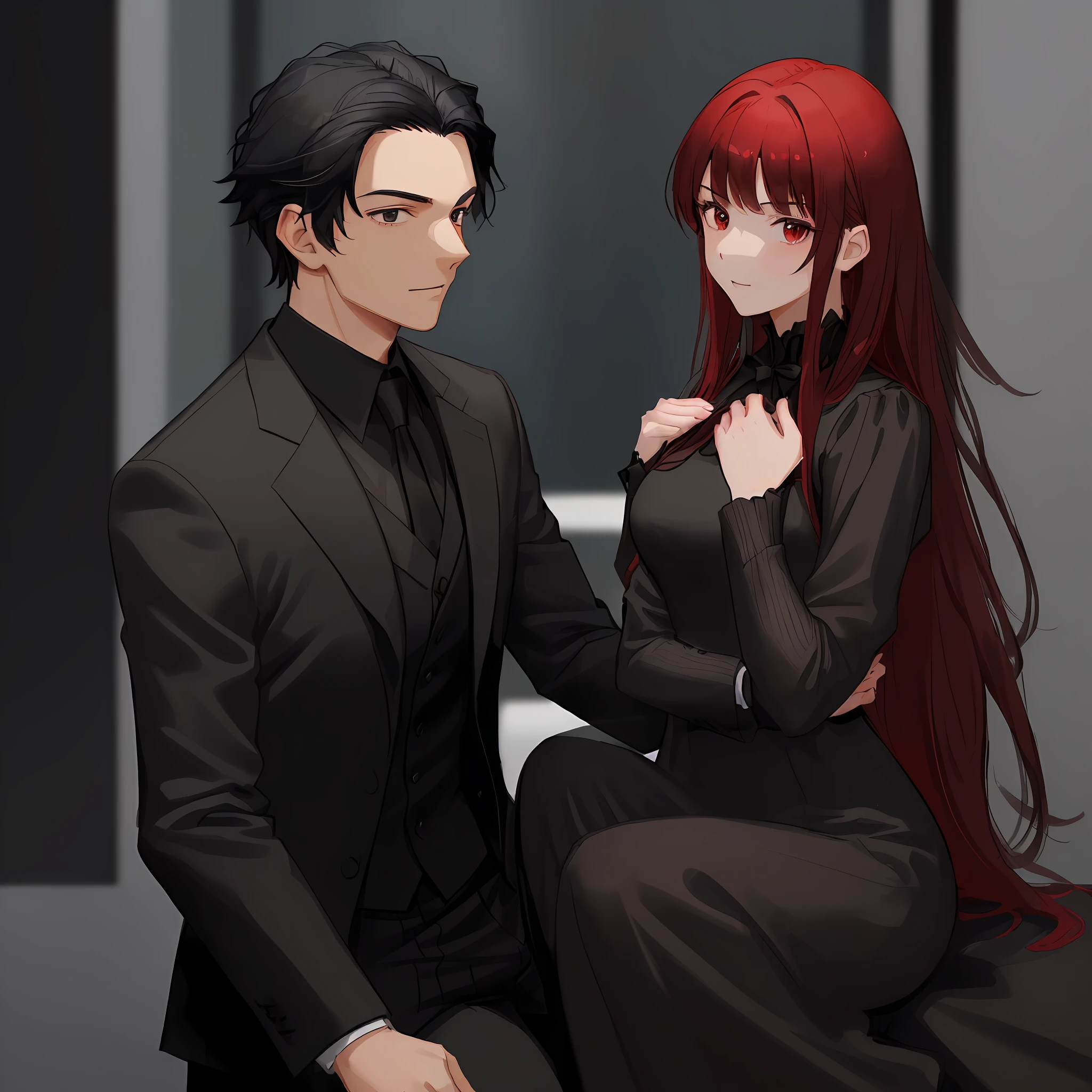 (A young man with black hair in a black suit squats down and pulls a cute young woman with red hair in a black dress 1.5) (A very arrogant and proud expression on the face: 1.8) (Face close-up: 1.5) (Masterpiece, Masterpiece: 1.5)