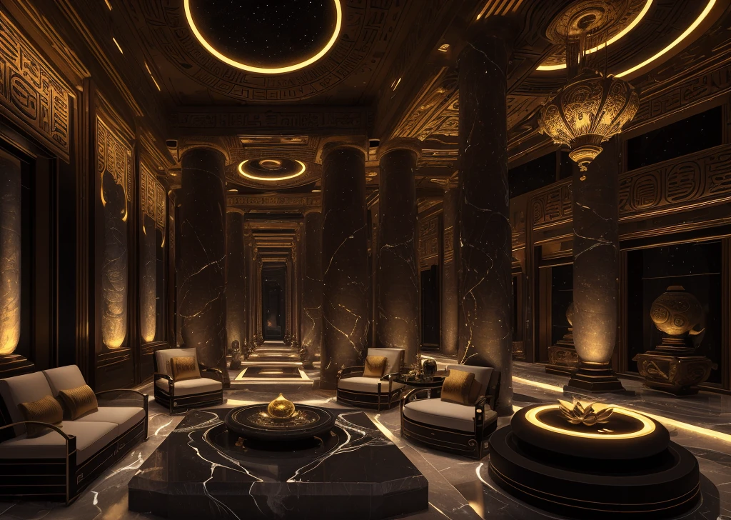 incredible luxurious futuristic interior in Ancient Egyptian style with lotus flowers, palm trees, hieroglyphics, rocky walls, sand, marble, precious minerals, metals, gemstones, crystals, clouds and water, crocodiles, ultra luxury, black marble – with beautiful lights, Unreal Engine, HQ, 16k