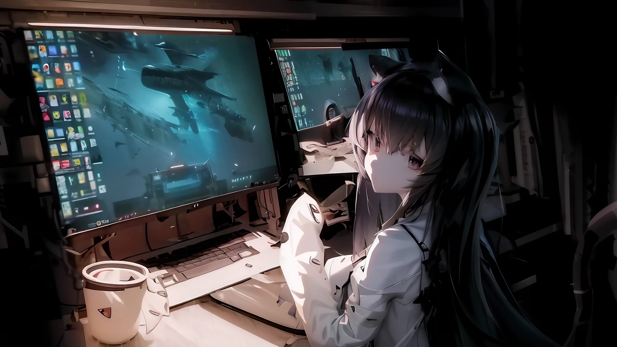 anime girl sitting in front of two computer monitors with a shark on the screen, anime girl desktop background, anime style 4 k, anime art wallpaper 4k, anime art wallpaper 4 k, anime art wallpaper 8 k, nightcore, digital anime art, ultra hd anime wallpaper, 4k anime wallpaper, kantai collection style, digital art on pixiv