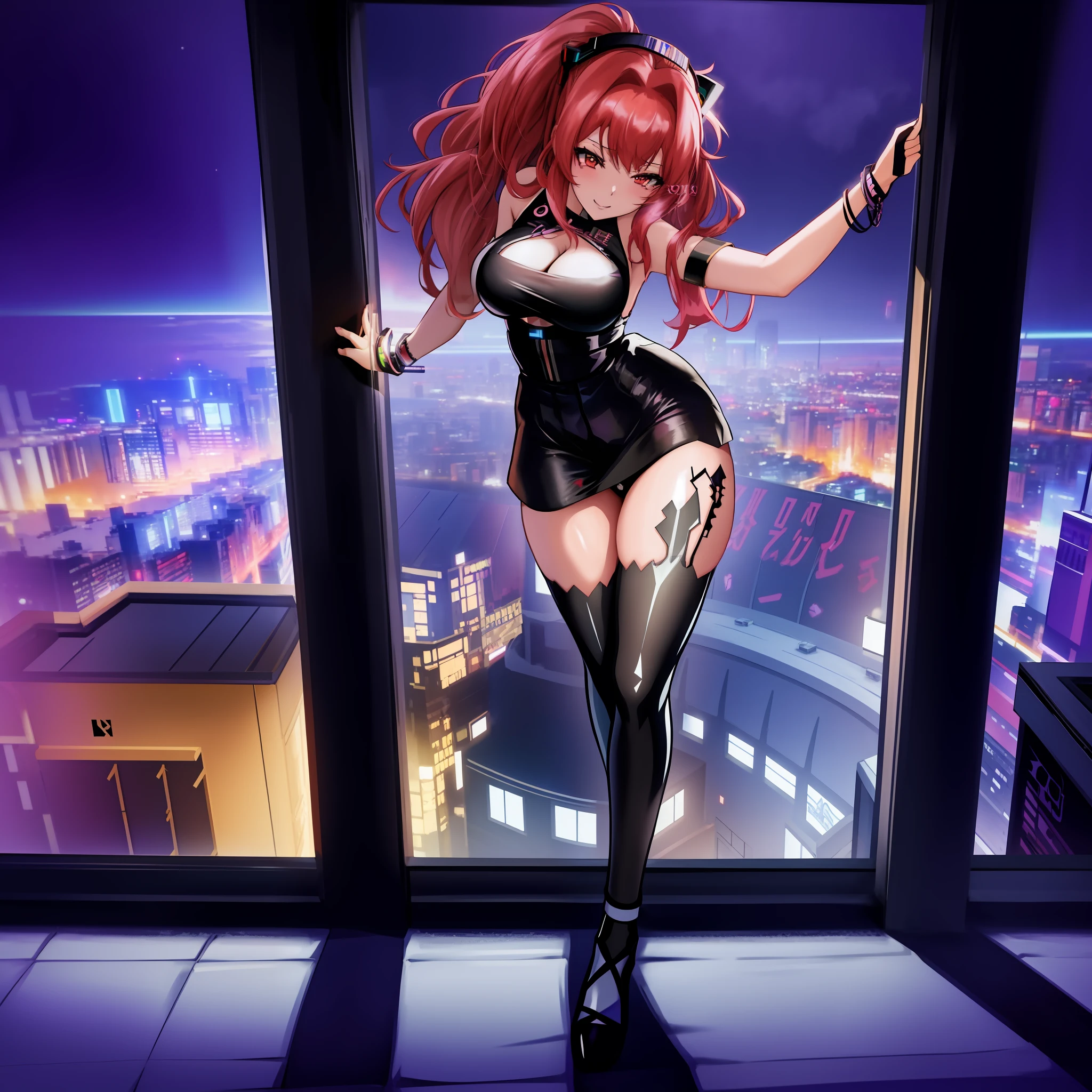 anime girl in a black dress standing on a window ledge, seductive anime girl, cyberpunk anime girl, anime cyberpunk art, female cyberpunk anime girl, digital cyberpunk anime art, badass anime 8 k, digital cyberpunk - anime art, modern cyberpunk anime, cyberpunk anime art, best anime 4k konachan wallpaper, commission for high res, anime cyberpunk