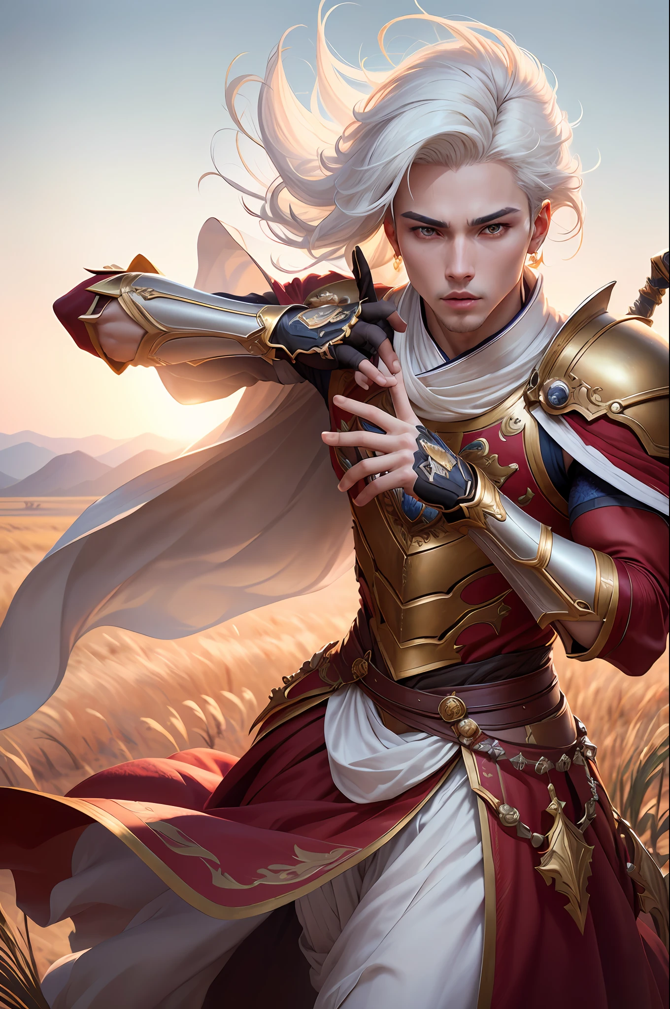 masterpiece, highest quality, solo focus, (perfect face:1.1) , (high detail:1.1), (dramatic, 1.5), (Short White hair:1.3) action shot, Dressed in Imperial Prince Clothes and Armor:1.3, gold jewelry:1.3, Short platinum hair:1.3, holding long sword 1.2), (in open plains, daytime, bright light:1.3), young men, Messy hair,Fashion hairstyles, battle stance, hyper detailed, digital art, studio quality, smooth render, unreal engine 5 render, octane render, 8K, European man with Korean features, Prince clothes, long red cape