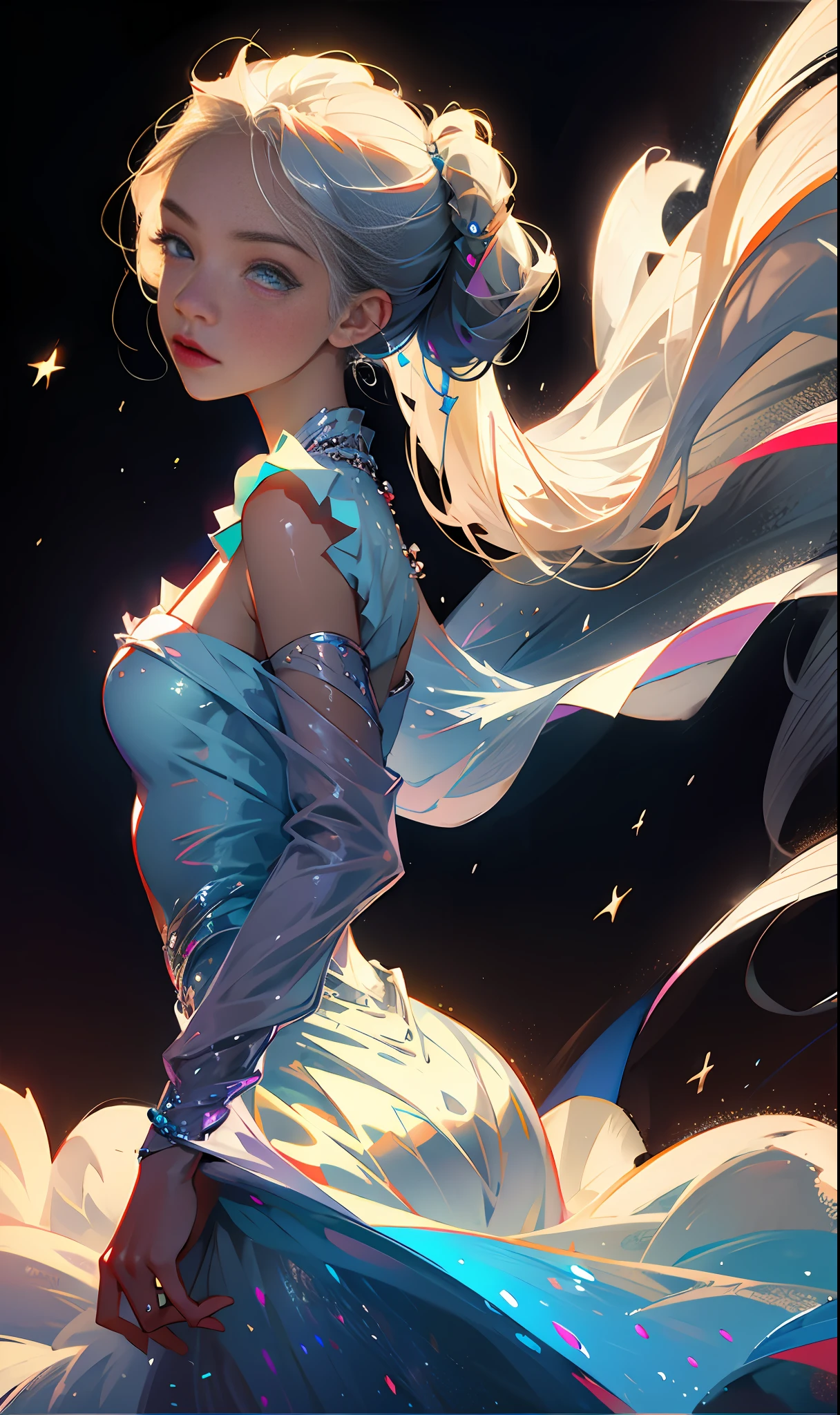 (best quality, masterpiece), 1girl, pose, particles, wind, upper body, simple background, looking at viewer, silver-haired girl, milky way,