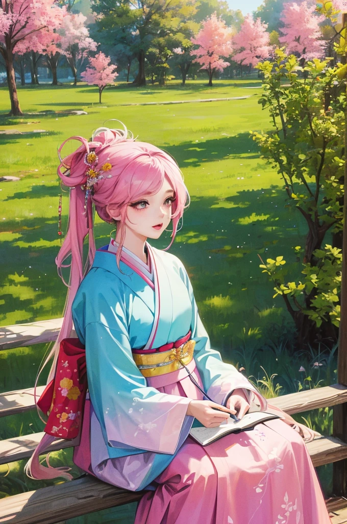 (highest resolution, distinct_image) The best quality, a woman, masterpiece, highly detailed, semi realistic, 21 years old, cute, young, beautiful, hanbok, outdoors, park, trees, sunny day