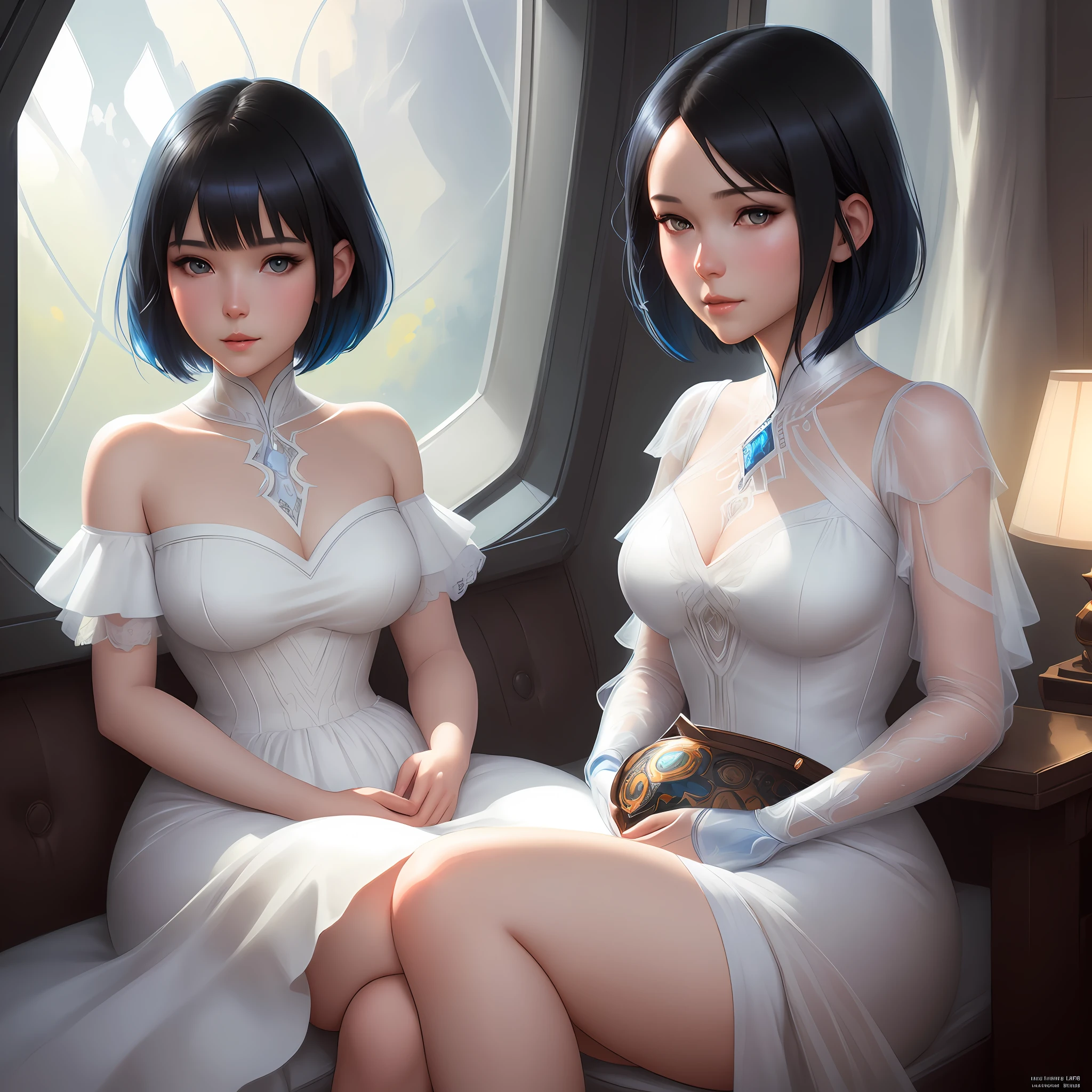 1:Illustration of a beautiful girl in white dress sitting by the window, highly detailed face, beautifull face, beautiful detailed eyes, fantasy art, in the style of JAMES MCCARTHY, illustration, epic, fantasy, intricate, hyper detailed, artstation, concept art, smooth, sharp focus, ray tracing, vibrant, photorealistic
2:Illustration of a beautiful girl in white dress sitting by the window of a spaceship, dark atmosphere, beautiful detailed face, by Stanley Artgerm Lau, WLOP, Rossdraws, James Jean, Andrei Riabovitchev, Marc Simonetti, and Sakimichan, trending on artstation
3:Illustration of a beautiful girl in white dress sitting by the window wearing a black dress, beautifull face, by Alphonse Mucha, by artgerm, body tilted, 4k resolution, highly detailed, beautiful
4:Illustration of a beautiful girl in white dress sitting by the window of her father as . She has light blue eyes, black hair and bright blue hair in a bob cut. By Makoto Shinkai, Stanley Artgerm Lau, WLOP, Rossdraws, James Jean, Andrei Riabovitchev, Marc Simonetti, krenz cushart, Sakimichan, trending on ArtStation, digital