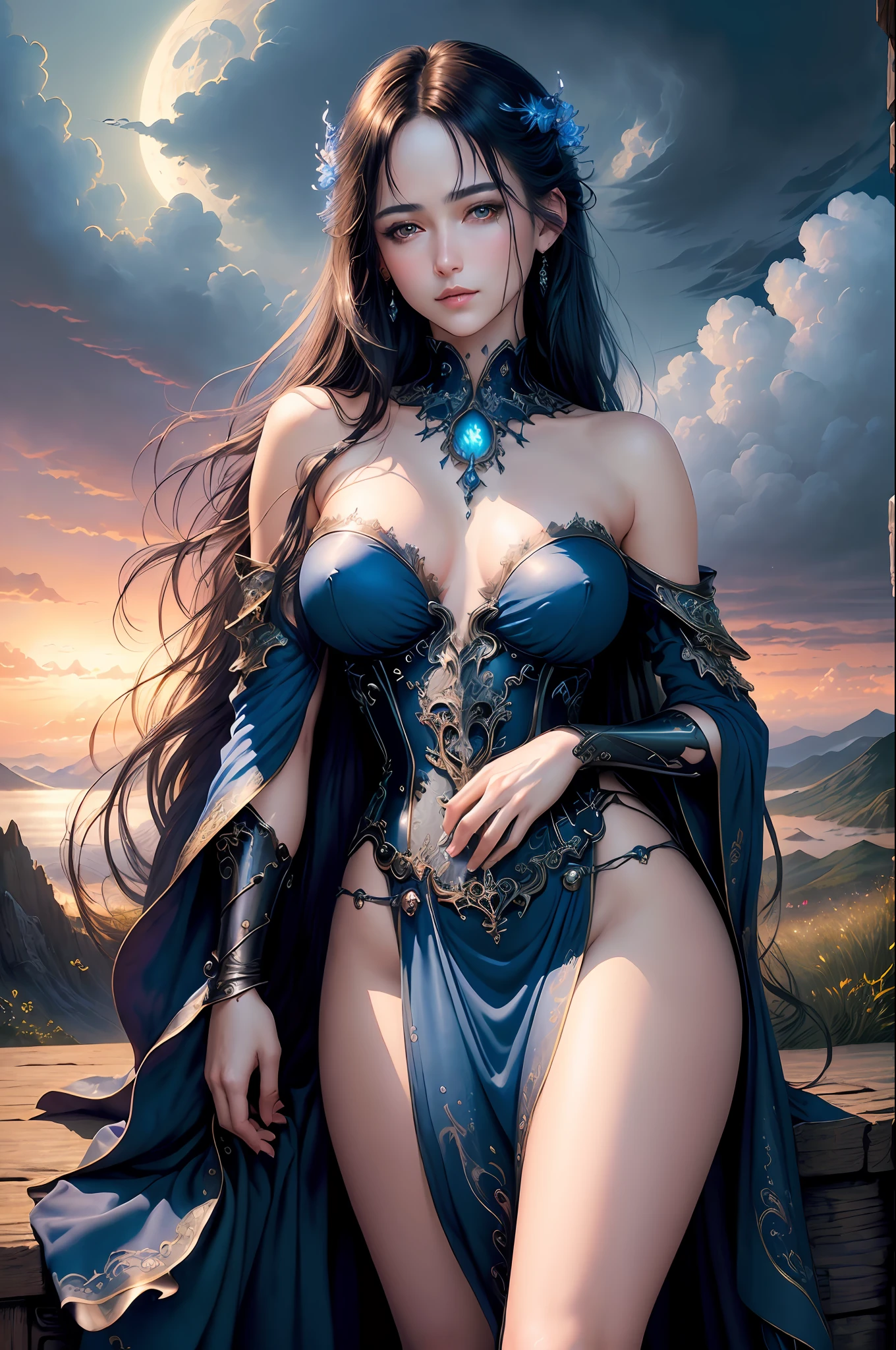 ((best quality)), ((masterpiece)), (detailed)), ethereal beauty, (fantasy illustration: 1.3), enchanting gaze, captivating pose, long straight black hair, fabulously gorgeous blue dress showing off her shoulders , otherworldly charm, mystical sky, (Luis Royo:1.2), (Yoshitaka Amano:1.1), moonlit night, soft colors, (detailed clouds:1.3), (high resolution:1.2)
