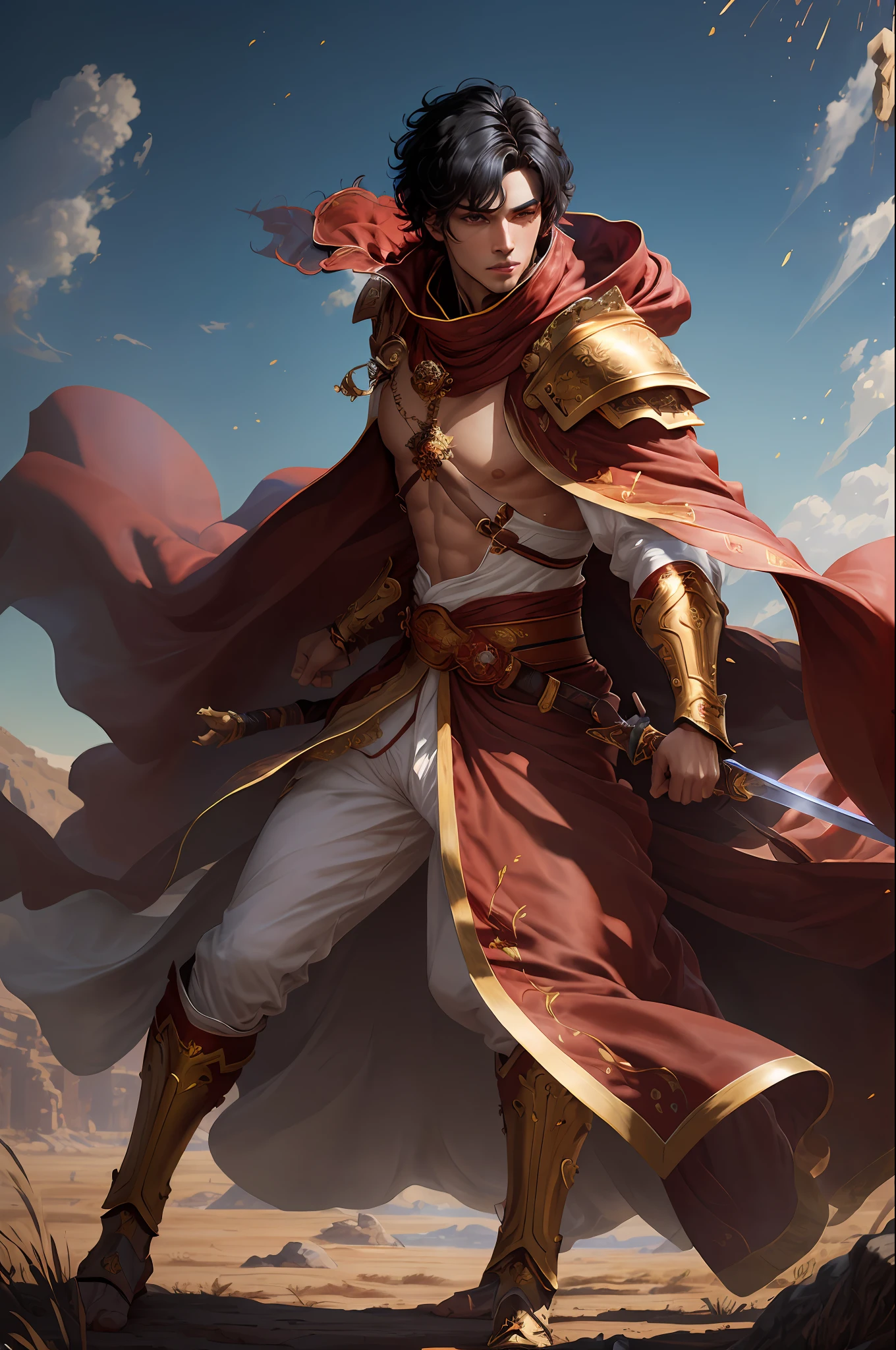 masterpiece, highest quality, solo focus, (perfect face:1.1) , (high detail:1.1), (dramatic, 2.5), (Short Black hair:1.3) action shot, Dressed in Imperial Prince Clothes and Armor:1.3, gold jewelry:1.3, Short Black hair:1.3, holding long sword 1.2), (in open plains, daytime, bright light:1.3), young men, Messy hair,Fashion hairstyles, battle stance, hyper detailed, digital art, studio quality, smooth render, unreal engine 5 render, octane render, 8K, European man with Korean features, Prince clothes, long red cape, Anime manhwa, shonen