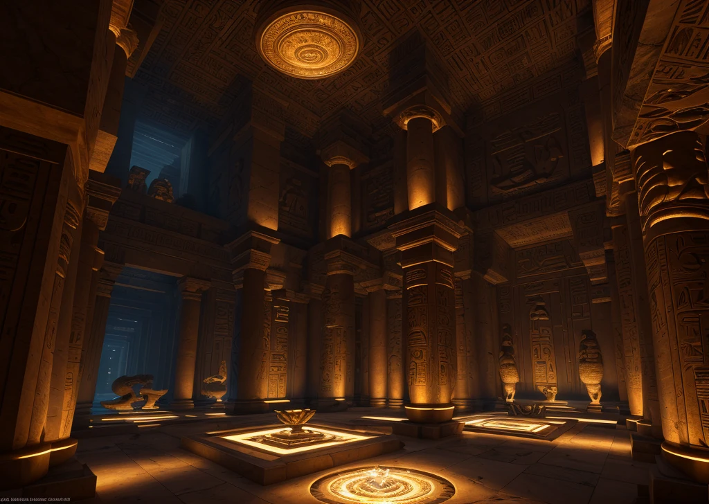 incredible luxurious futuristic light interior in Ancient Egyptian style with lotus flowers, palm trees, hieroglyphics, rocky walls, sand, marble, precious minerals, metals, gemstones, crystals, clouds and water, crocodiles, ultra luxury, black marble – with beautiful lights, Unreal Engine, HQ, 16k