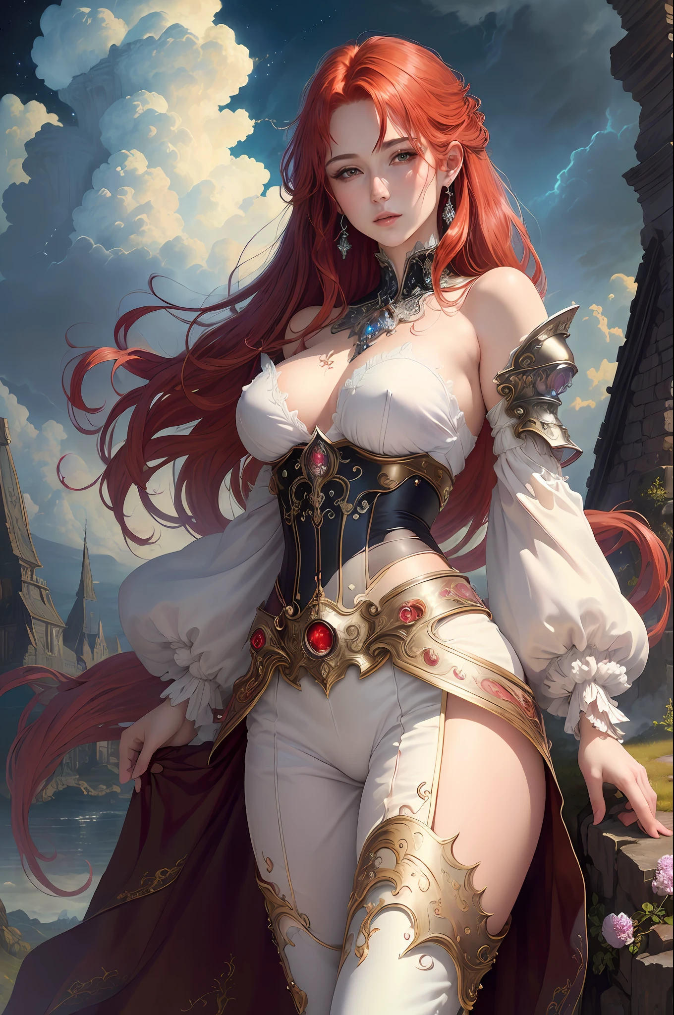 ((best quality)), ((masterpiece)), (detailed) red hair, ethereal beauty, (fantasy illustration: 1.3), enchanting gaze, captivating pose, fabulous and gorgeous white shirt and black pants suit, charm of other world, mystical sky, (Luis Royo:1.2), (Yoshitaka Amano:1.1), moonlit night, soft colors, (detailed clouds:1.3), (high resolution:1.2)