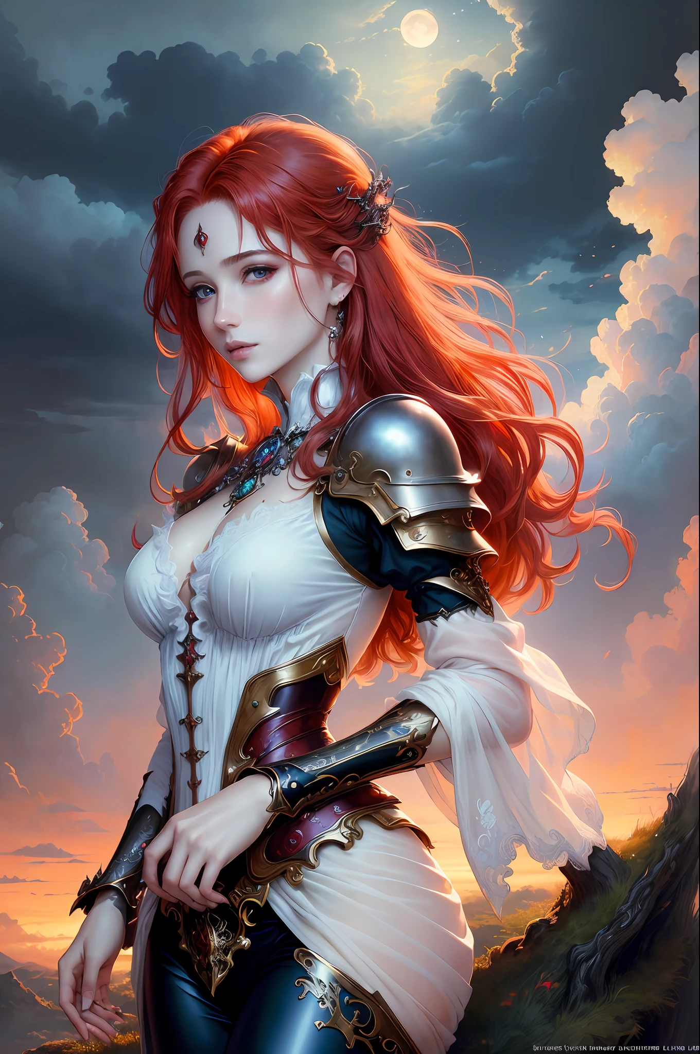 ((best quality)), ((masterpiece)), (detailed) red hair, ethereal beauty, (fantasy illustration: 1.3), enchanting gaze, captivating pose, fabulous and gorgeous white shirt and black pants suit, charm of other world, mystical sky, (Luis Royo:1.2), (Yoshitaka Amano:1.1), moonlit night, soft colors, (detailed clouds:1.3), (high resolution:1.2)