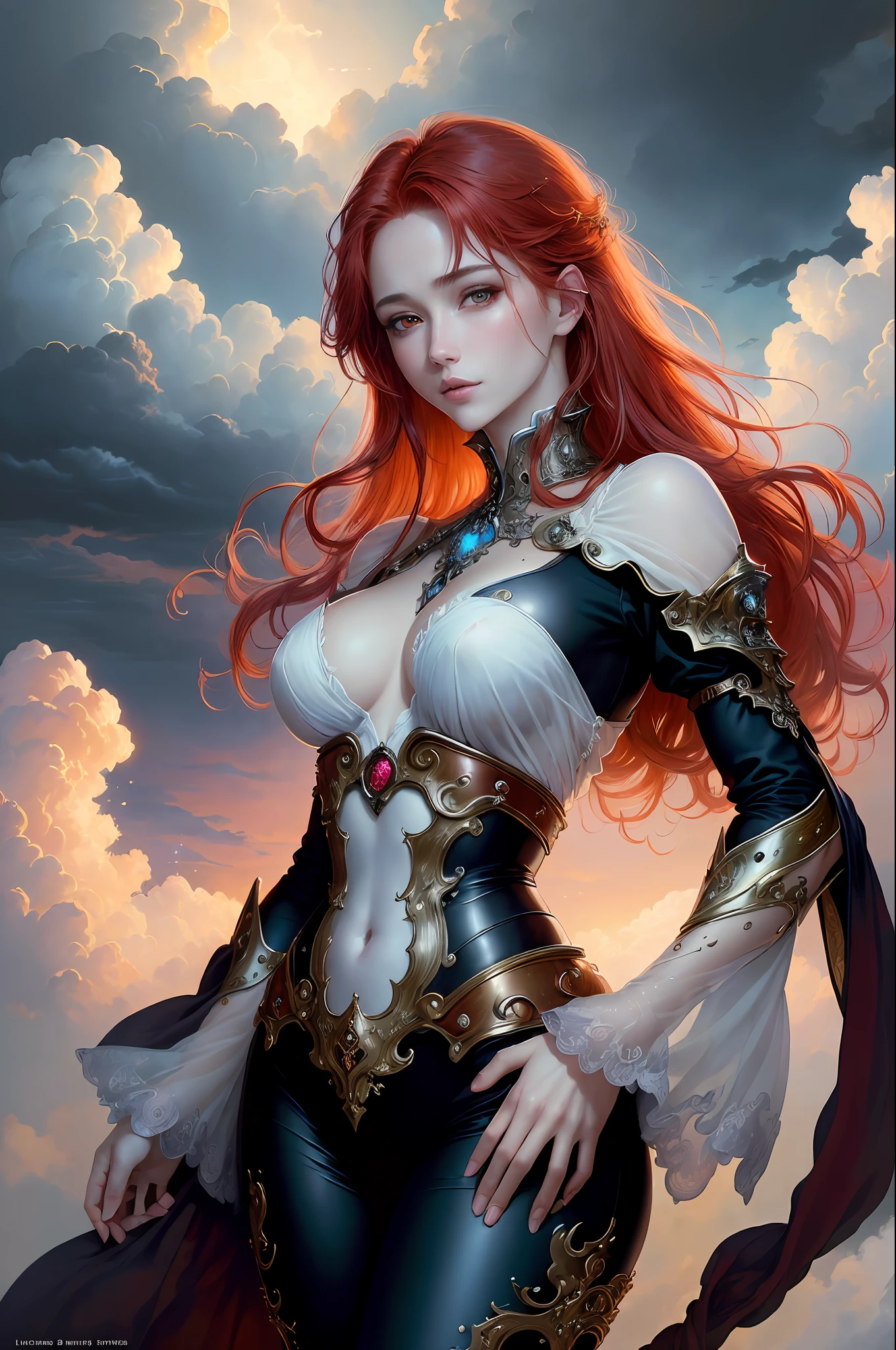 ((best quality)), ((masterpiece)), (detailed) red hair, ethereal beauty, (fantasy illustration: 1.3), enchanting gaze, captivating pose, fabulous and gorgeous white shirt and black pants suit, charm of other world, mystical sky, (Luis Royo:1.2), (Yoshitaka Amano:1.1), moonlit night, soft colors, (detailed clouds:1.3), (high resolution:1.2)