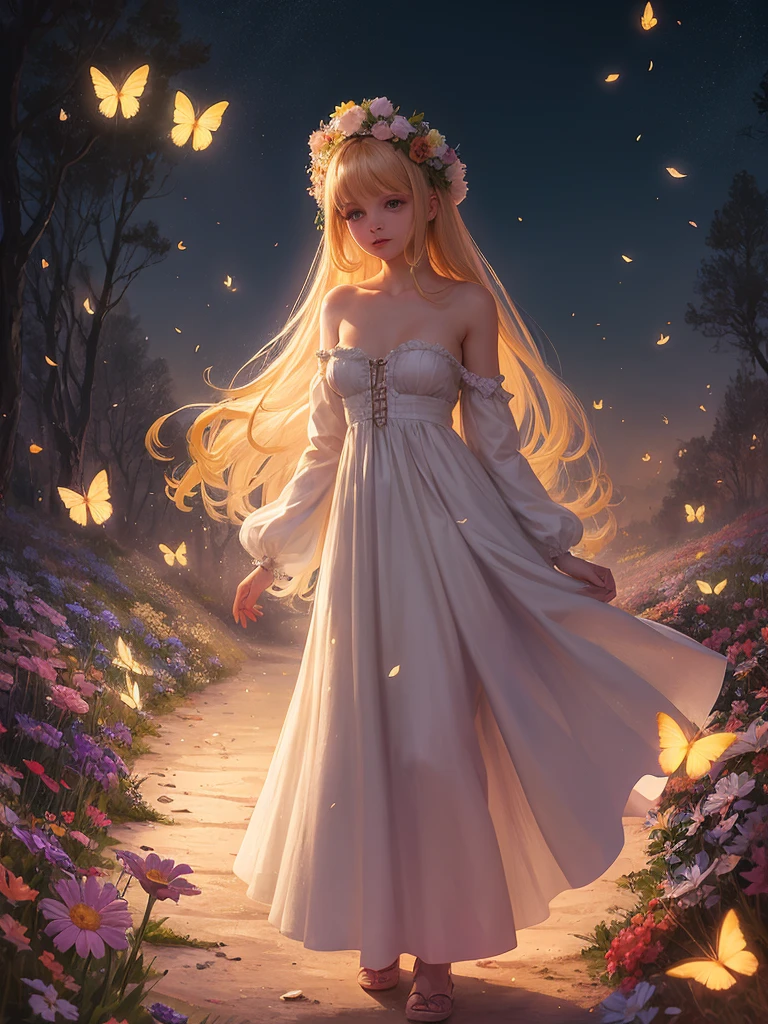 1girl, solo, full body, (masterpiece:1.21), (best quality:1.2), colorful, (illustration:1.2), (cinematic lighting:1.1), (bare shoulders:1.21), (collarbone:1.21) in this whimsical A beautiful and dreamlike garden, the scene is illuminated by a rainbow (colorful fireflies) dancing in the air. Pastel (drizzle) adorns the garden, creating a hazy and ethereal atmosphere. In the center of the picture, stands a single girl, an extremely beautiful girl, with lovely facial features and an innocent expression. Her long hair fluttered in the wind. She wore a strapless strapless dress that accentuated her curves. The lighting is very delicate and beautiful, creating a soft warm glow that accentuates the water and makes it sparkle like a diamond. The finest grasses are also illuminated to create a lush carpet. The garden is surrounded by colorful flower fields with flowers of all colors and shapes. Various colors and sizes (coloured butterflies) can be seen flying around the scene, adding to the overall sense of wonder and magic. (Everyone, judges), a blush can be seen on the bridge of the nose, and the mouth is slightly opened, which adds to the overall sense of innocence and youth. Falling petals can be seen waving around her, adding to the overall sense of romance and beauty. The breeze is blowing, the leaves are rustling, and the flowers are swaying, adding to the overall dynamism and vitality. It is a scene of pure wonder and magic, full of color and beauty, where the viewer can lose themselves in this enchanting and captivating world.