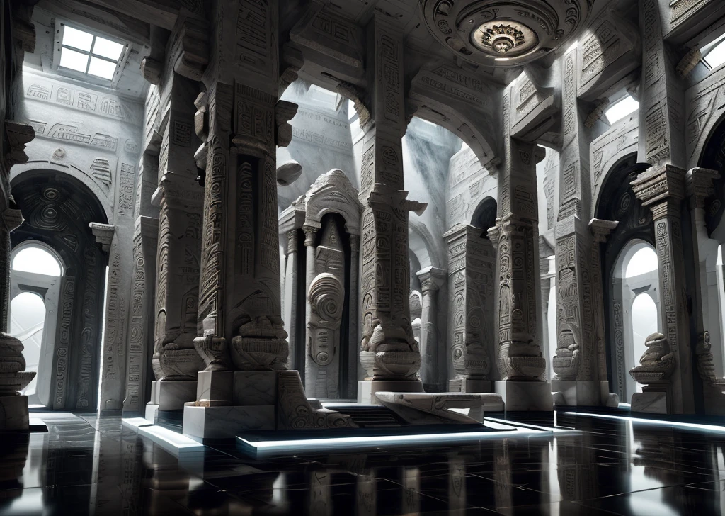 incredible white luxurious futuristic interior in Ancient Egyptian style with lotus flowers, palm trees, hieroglyphics, rocky walls, sand, marble, precious minerals, metals, gemstones, crystals, clouds and water, crocodiles, ultra luxury, black marble – with beautiful lights, Unreal Engine, HQ, 16k