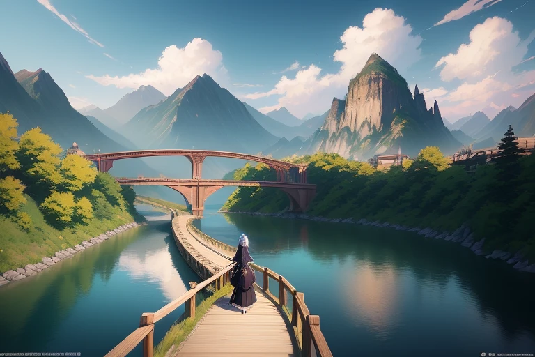 Masterpiece, best quality, high quality, extremely detailed CG unity 8k wallpaper, anime girl looking at a bridge and a river in the mountains, 2.5 d cgi anime fantasy artwork, anime fantasy artwork, anime fantasy illustration, Rose Tran. Landscape background, beautiful fantasy anime, guweiz on pixiv artstation, trending on artstation pixiv, guweiz on artstation pixiv, anime art wallpaper 4k