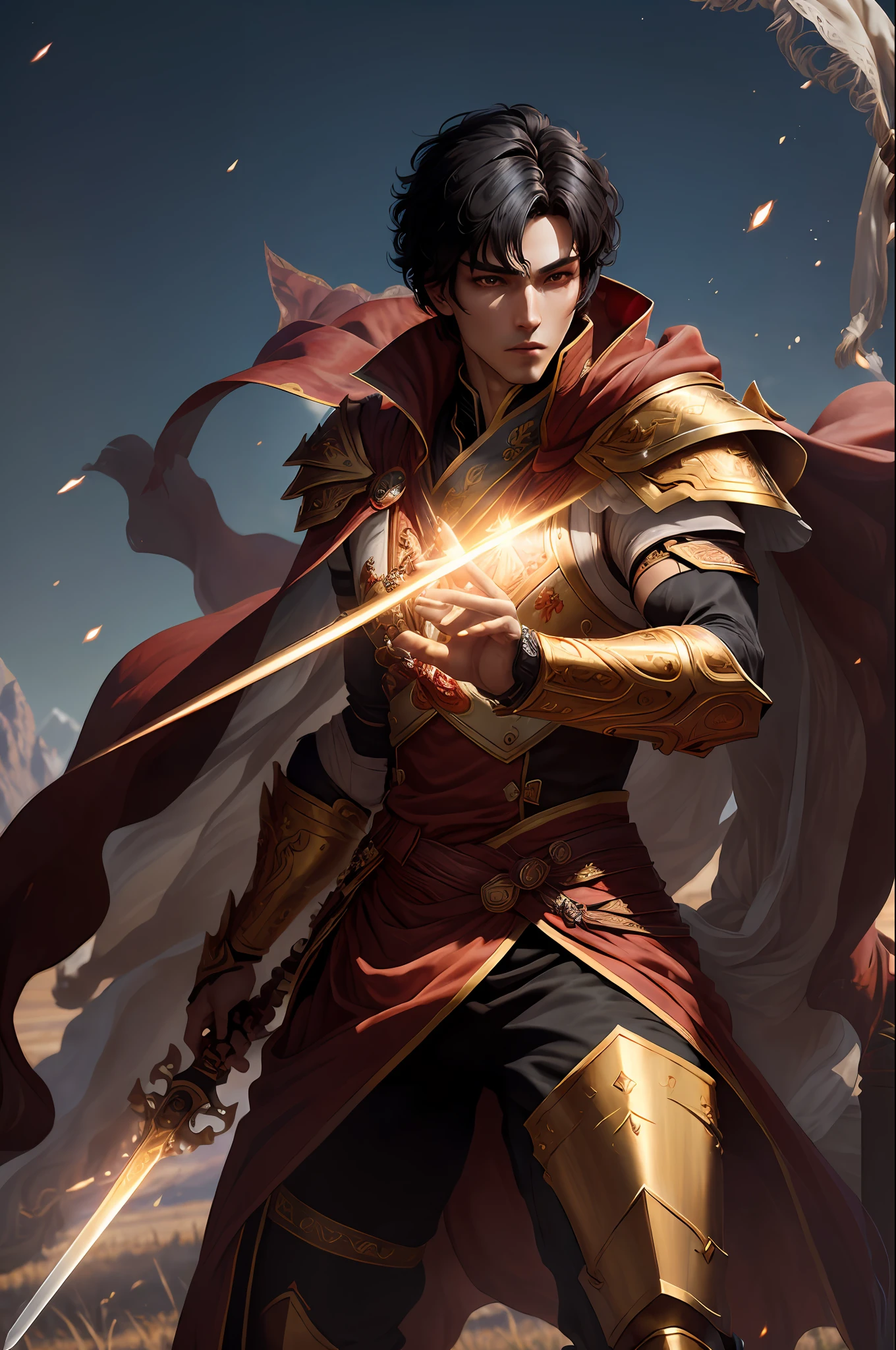 masterpiece, highest quality, solo focus, (perfect face:1.1) , (high detail:1.1), (dramatic, 2.5), (Short Black hair:1.3) action shot, Dressed in Imperial Prince Clothes and Armor:1.3, gold jewelry:1.3, Short Black hair:1.3, holding long sword 1.2), (in open plains, daytime, bright light:1.3), young men, Messy hair,Fashion hairstyles, battle stance, hyper detailed, digital art, studio quality, smooth render, unreal engine 5 render, octane render, 8K, European man with Korean features, Prince clothes, long red cape, Anime manhwa, shonen