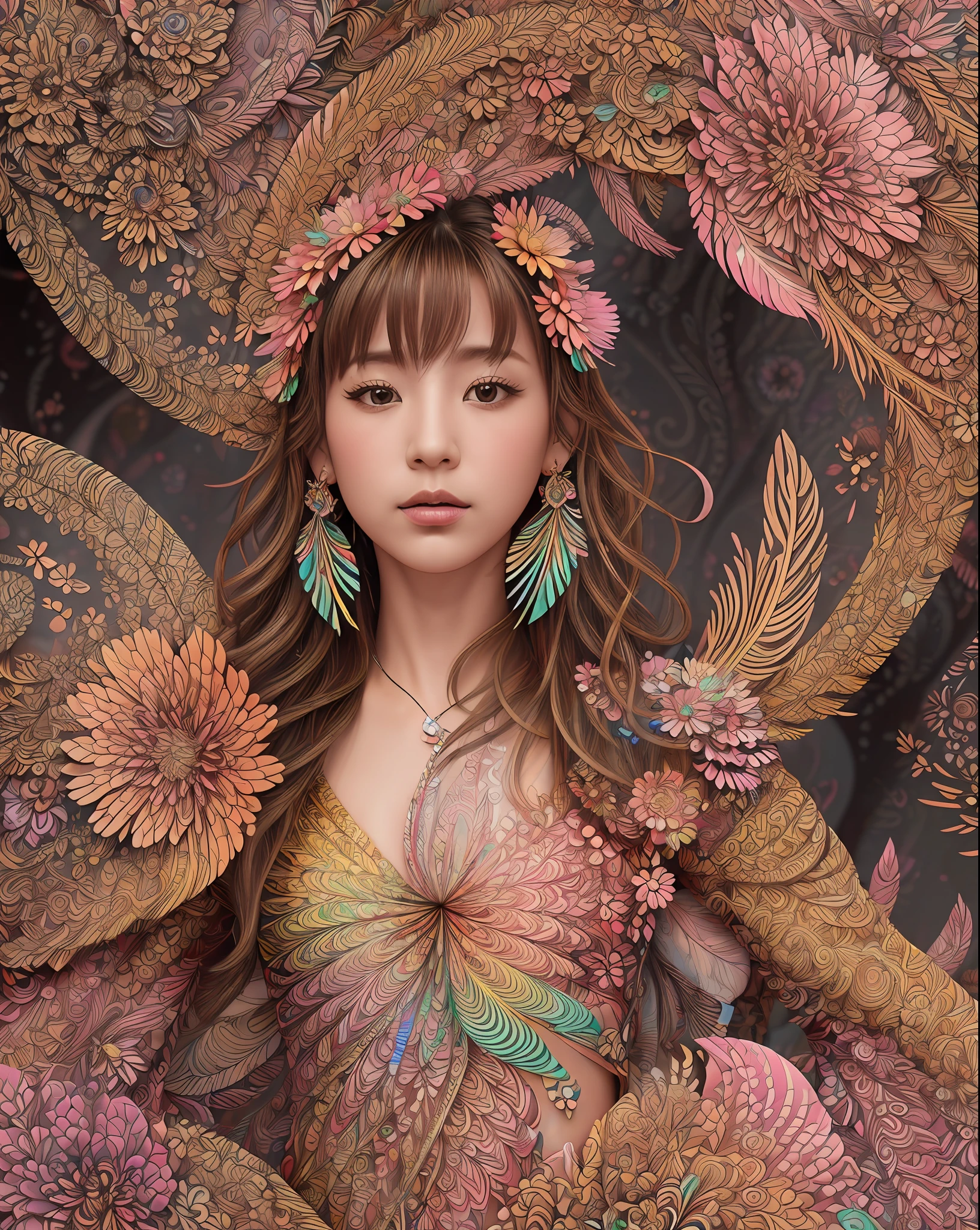 (1girl, solo), extremely detailed,
(abstract background, zentangle, fractal art:1.3), (many colors, colorful:1.1), (feathers, petals, flowers:1.3), dynamic pose, earrings, (masterpiece, top quality, best quality, official art, beautiful and aesthetic: 1.2),