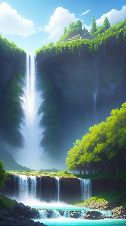 ConceptArt, nobody, landscape, water, sky, day, tree, cloud, waterfall, outdoors, architecture, nature, river, blue sky