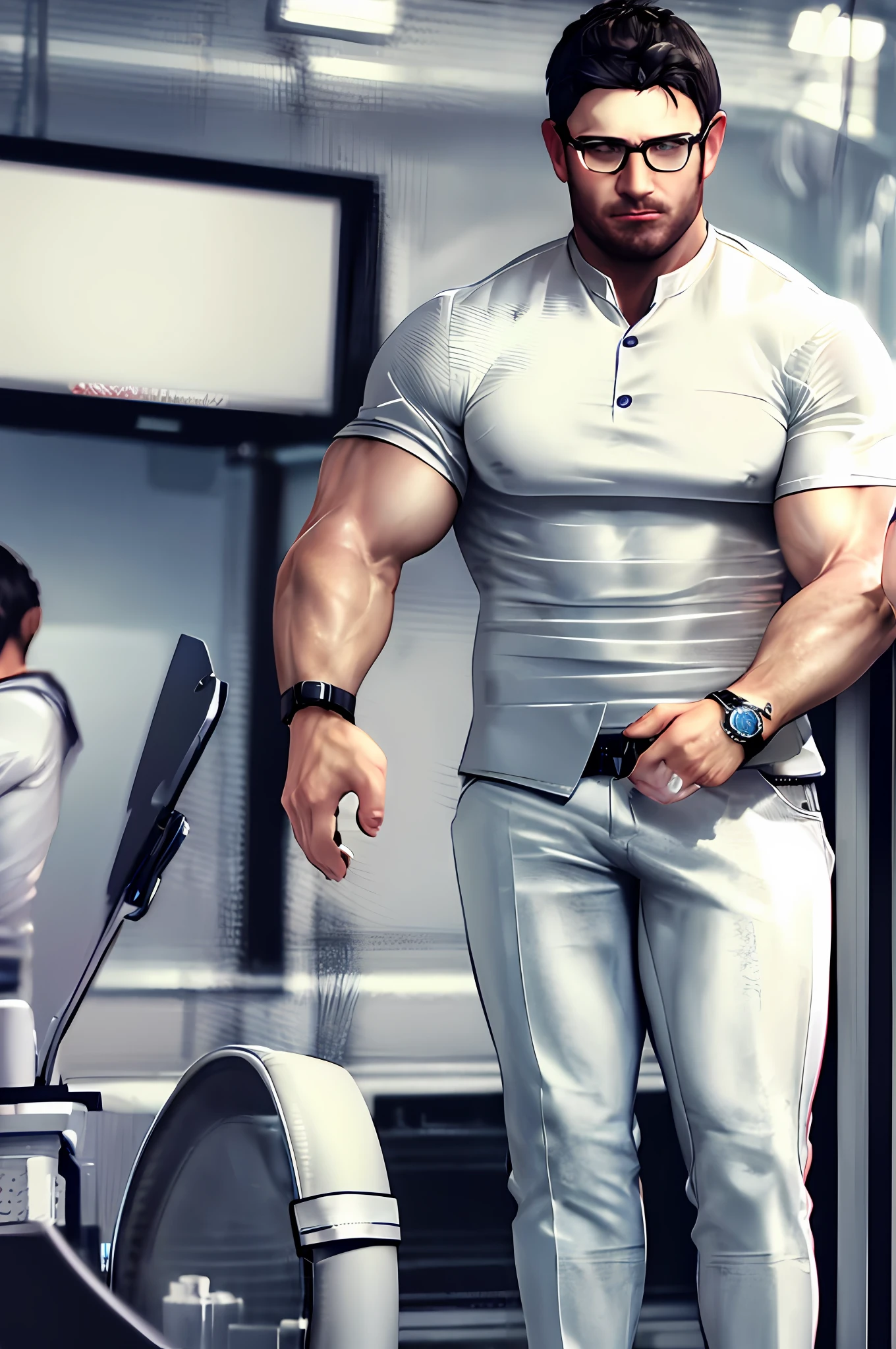 Wearing glasses, elegant hairstyle, polite, boy, short sleeves, trousers, wearing a watch, 3D, unrestrained temperament, cynical, unwilling to give in, cold storage ruthless, programmer,