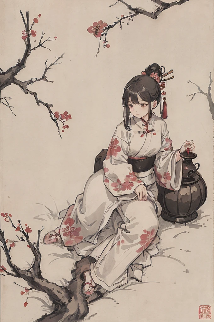 (Masterpiece, best quality: 1.2), traditional Chinese ink painting, plum blossom, snowing, red wall