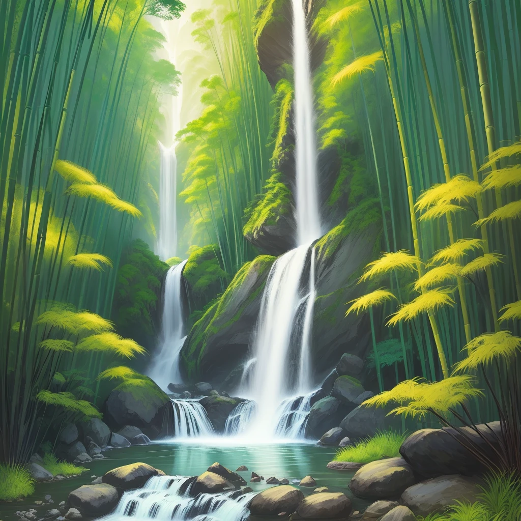 Bamboo forest, waterfall, stream, flat painting, illustration style, 8K, Chinese style poster,