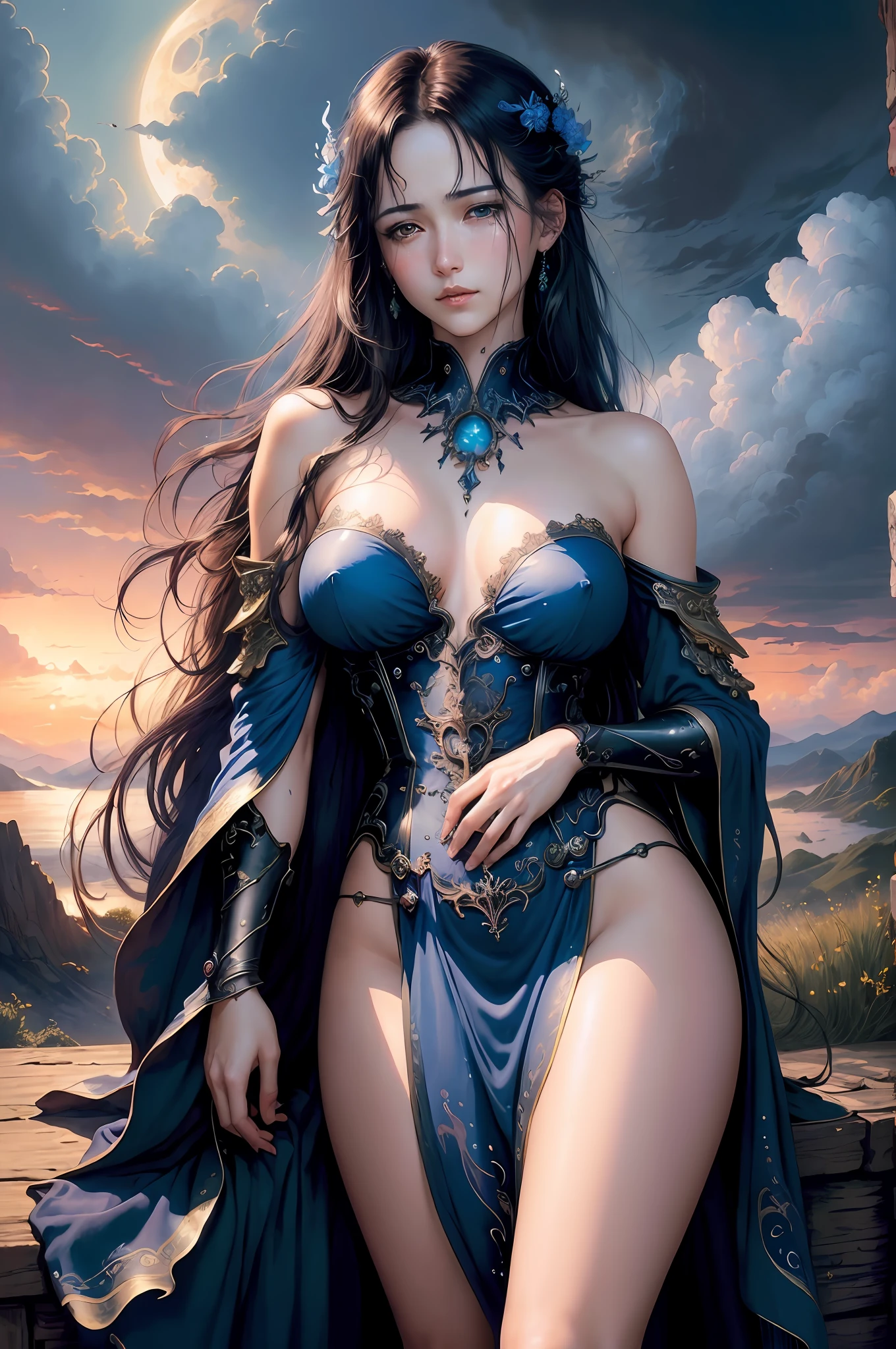 ((best quality)), ((masterpiece)), (detailed)), ethereal beauty, (fantasy illustration: 1.3), enchanting gaze, captivating pose, long straight black hair, fabulously gorgeous blue dress showing off her shoulders , charm from ther world, with blood on her wounded belly and painful expression shedding tears, blood on her hands, blood on her clothes, this wound, mystical sky, (Luis Royo:1.2), (Yoshitaka Amano:1.1), night of moon, soft colors, (detailed clouds:1.3), (high resolution:1.2)
