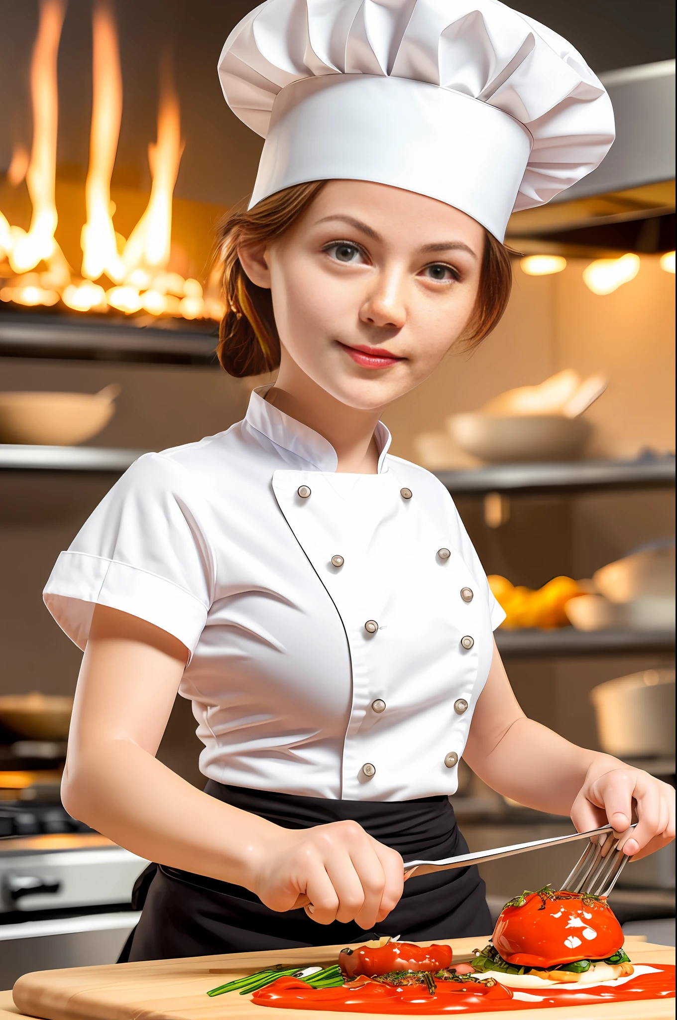 (best quality, masterpiece), 1girl, chef hat, cooking, dinner, looking at the audience,