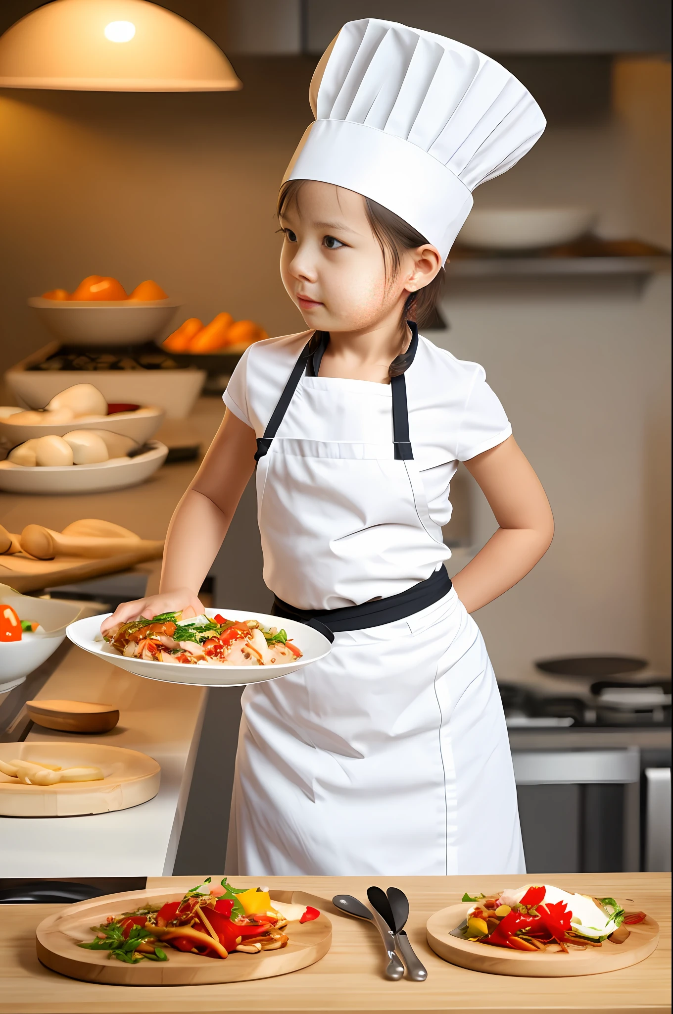 (best quality, masterpiece), 1girl, chef hat, dinner, looking at viewer,