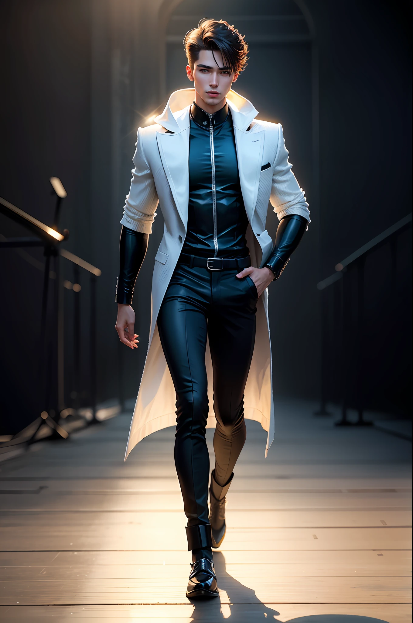 fashion show, male model walks the runway in a bright winter costume, ((catwalk)), (full height: 1.5), young man, consummate masterpiece, perfect work of art, ((perfect male figure)) , skinny, realistic, solo, (photorealism: 1.4), best quality, ultra high definition, full body, beautiful, masterpiece, best quality, very detailed face, perfect lighting, solo, no makeup , best quality, ultra high definition, (photorealistic: 1.4), super detail, masterpiece, best quality, detailed background, spotlights, audience, realistic textures, light effect, 4k, 8k