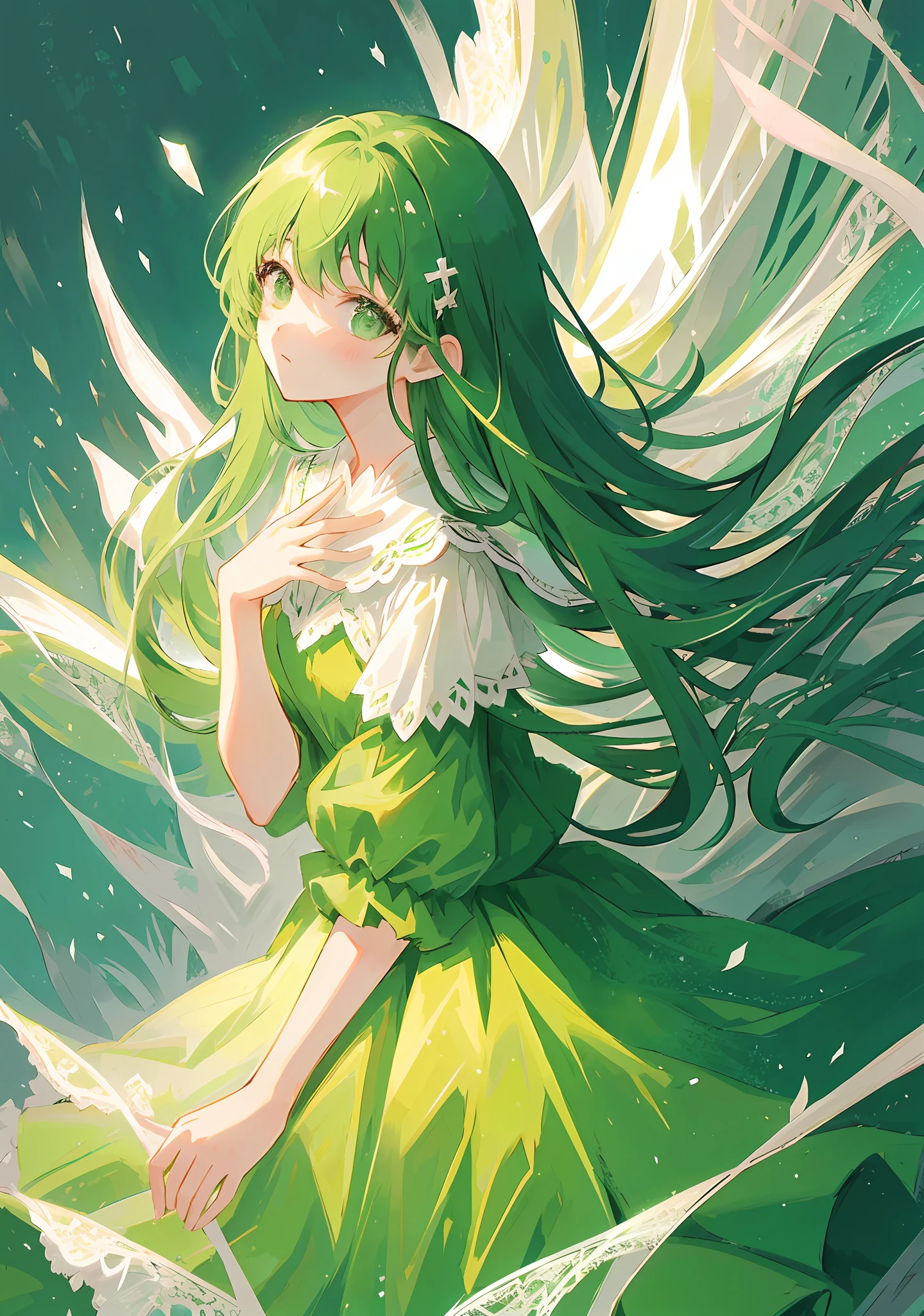 masterpiece, best quality, simplicity, illustration, green dress