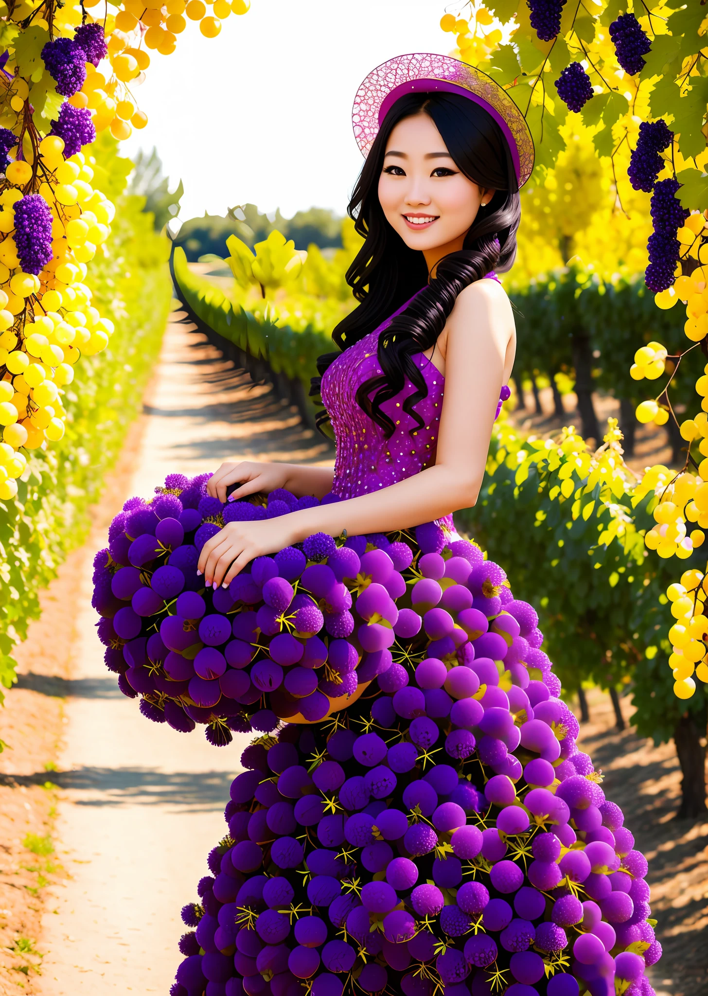 Fashion model photography, large bunches of grapes stacked to form a grape dress, grapes of various shapes and colors, surreal design, medium shot, Xinjiang girl, long hair, hair accessories, delicate skin, smiling, with grapes in the background garden, high texture, natural light