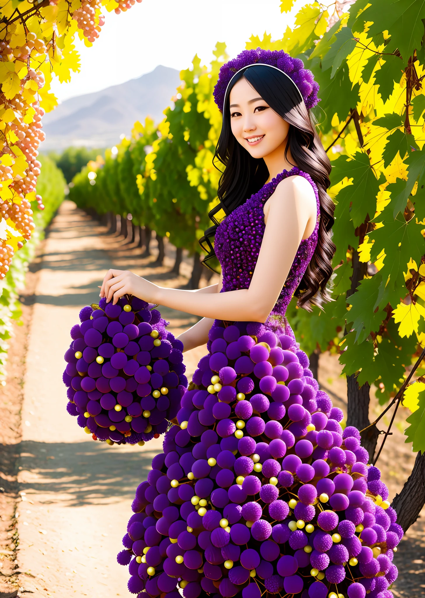 Fashion model photography, large bunches of grapes stacked to form a grape dress, grapes of various shapes and colors, surreal design, medium shot, Xinjiang girl, long hair, hair accessories, delicate skin, smiling, with grapes in the background garden, high texture, natural light