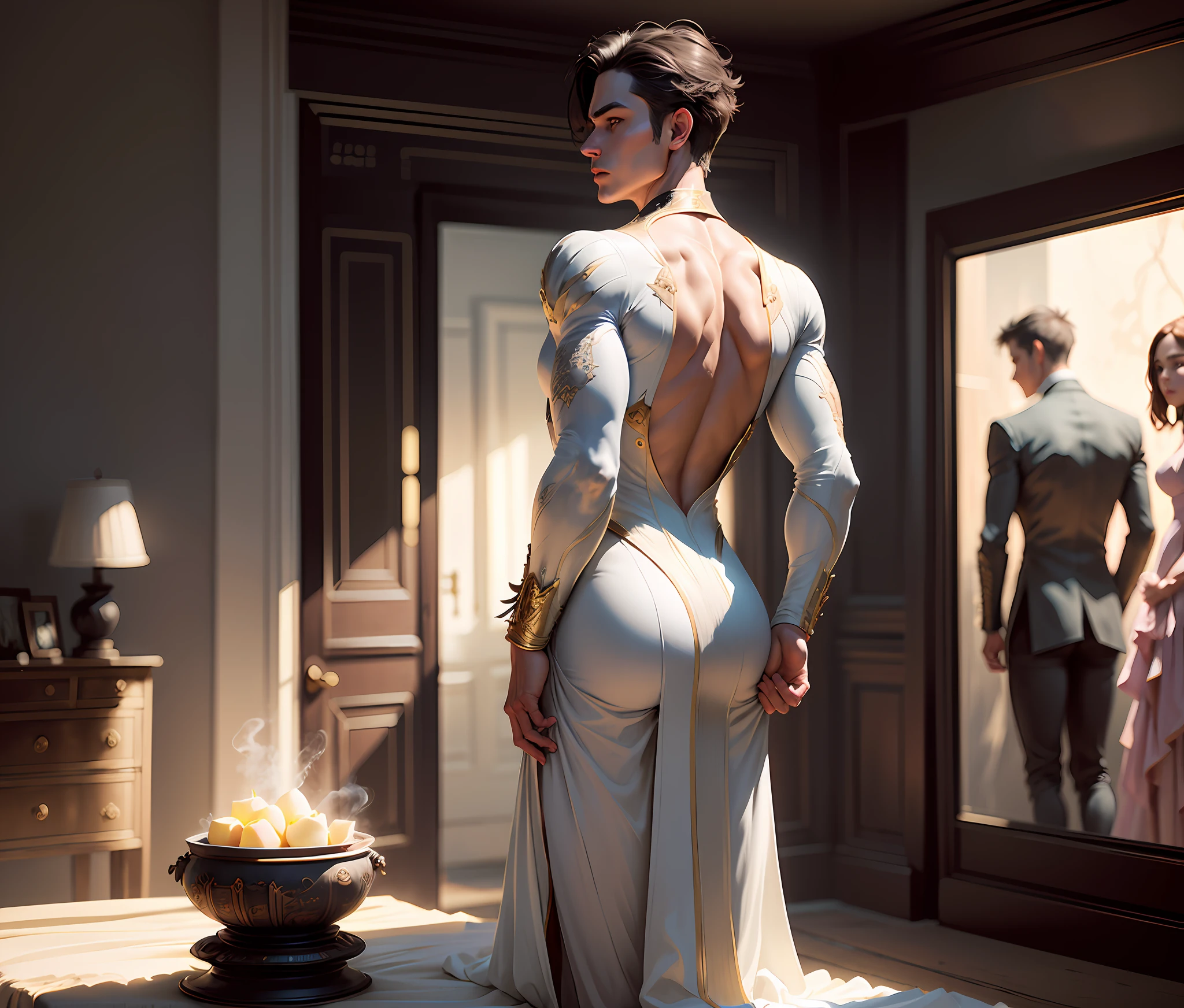 complex 3d render ultra detailed of a beautiful porcelain profile young man back, 150 mm, beautiful studio soft light, rim light, vibrant details, hyperrealistic, sexy male back, elegant, beautiful background, bedroom, octane render, 8k, best quality, masterpiece, illustration, an extremely delicate and beautiful, extremely detailed ,CG ,unity ,wallpaper, (realistic, photo-realistic:1.37),Amazing, finely detail, masterpiece,best quality,official art, extremely detailed CG unity 8k wallpaper, absurdres, incredibly absurdres,full body, by greg rutkowski and magali villeneuve and jeremy lipkin and michael garmash and rob rey