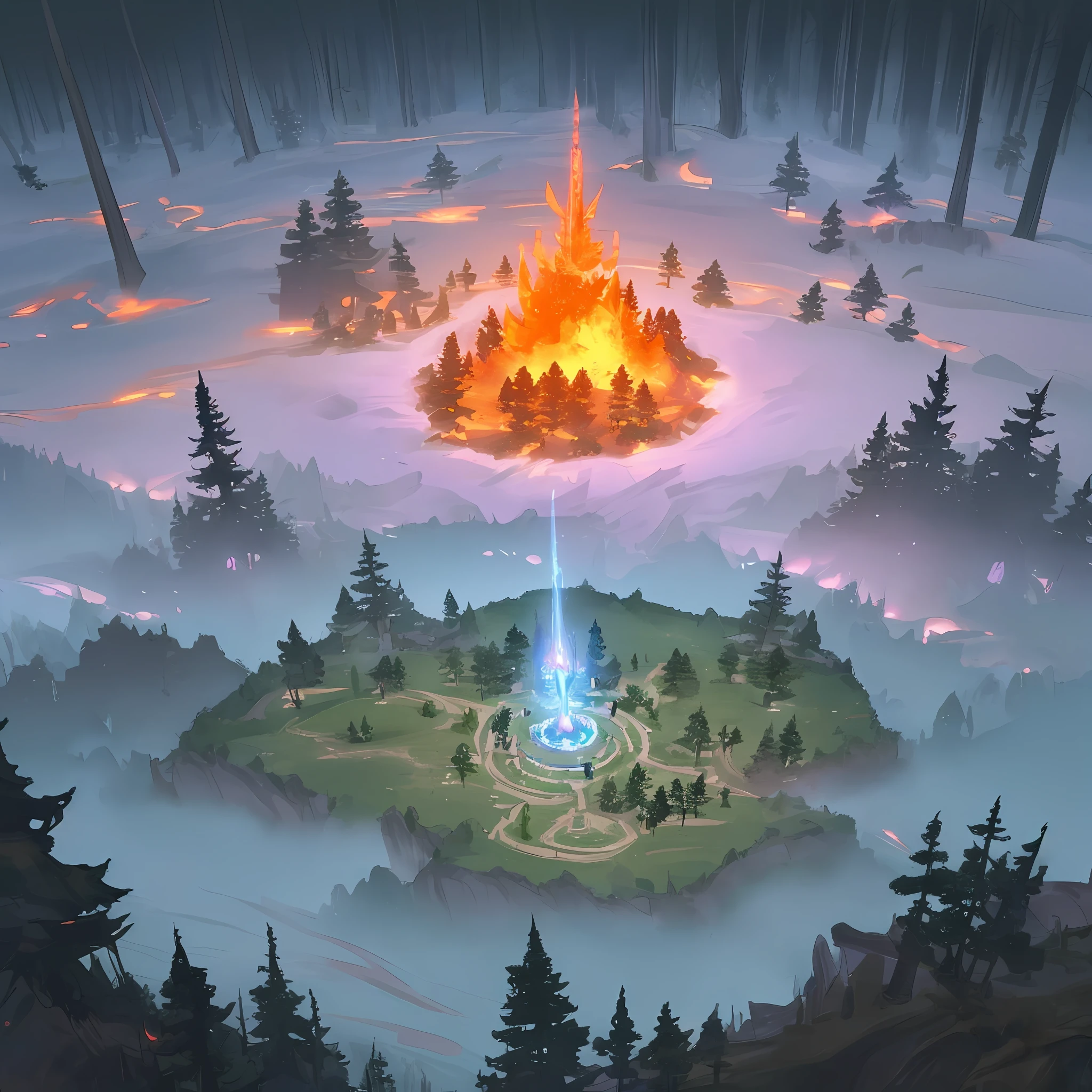 an aerial view of a magical battlefield Eternal Ember Forest, bones in a mystical setting