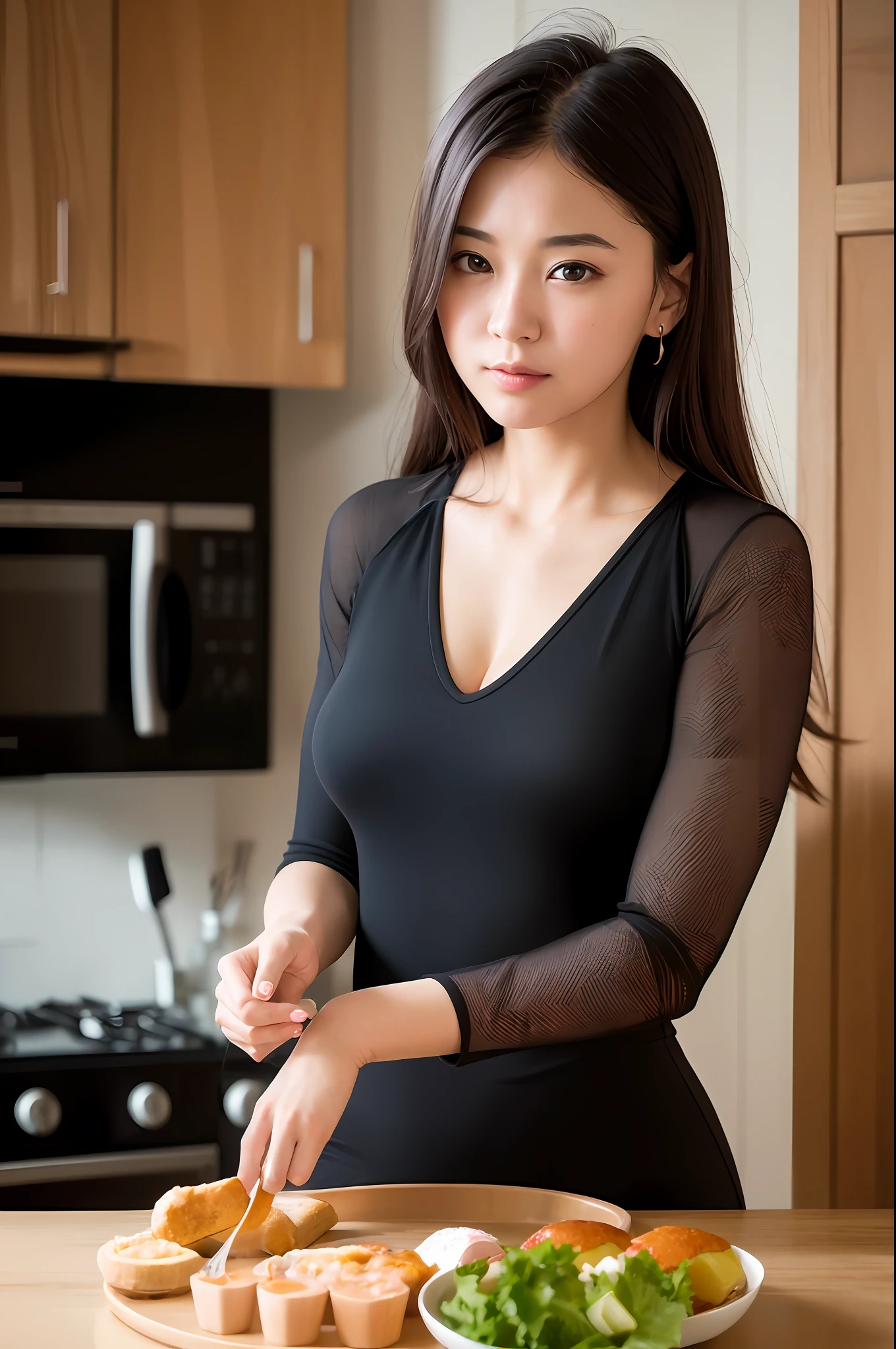 best quality, masterpiece, photorealistic, 8k, 4k, extreme resolution, super high resolution, dynamic lighting, real lighting, food preparation at home, 1girl,
