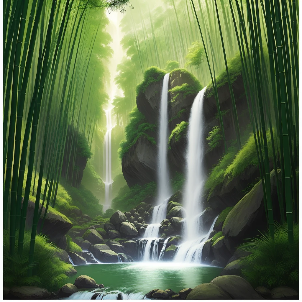 Bamboo forest, waterfall, stream, Chinese wind poster