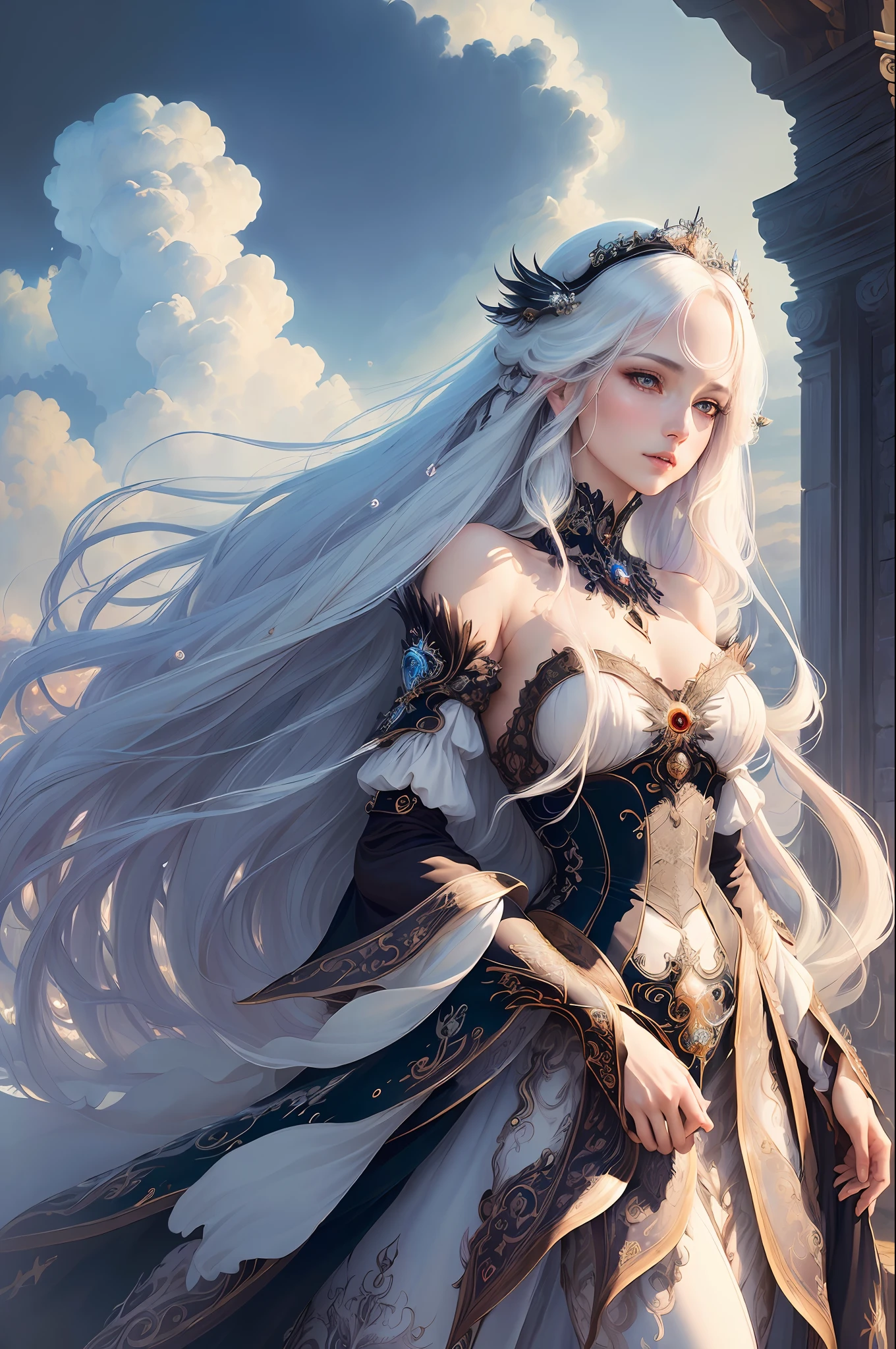 ((best quality)), ((masterpiece)), (detailed), princess long black hair with white locks and fringe, ethereal beauty, fabulously beautiful dress, (fantasy illustration: 1.3), enchanting gaze, pose captivating, delicate facial features, otherworldly charm, mystical sky, (Luis Royo:1.2), (Yoshitaka Amano:1.1), moonlit night, soft colors, (Detailed clouds:1.3), (High Resolution:1.2)