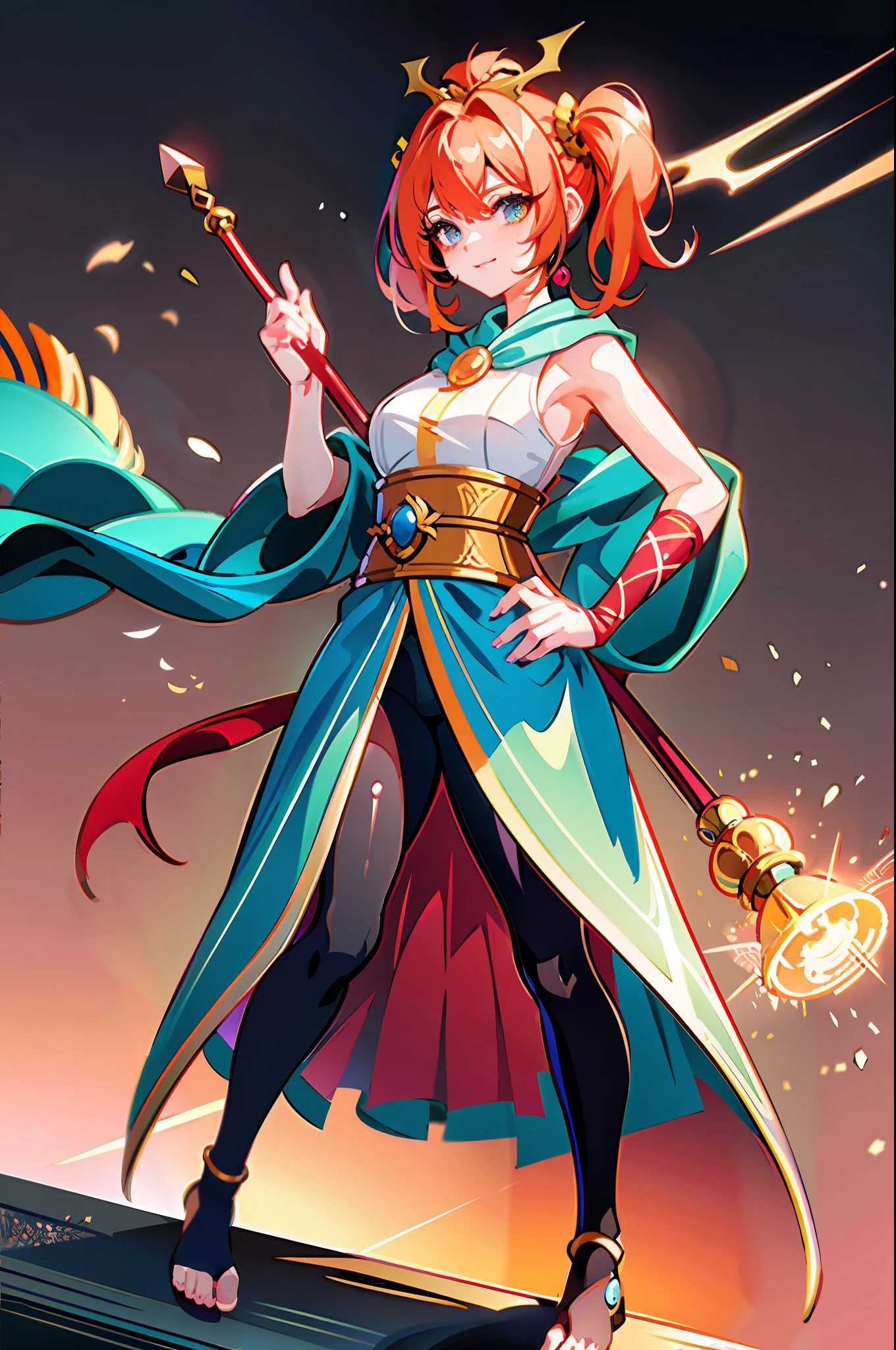 (masterpiece, top quality, best quality), pixel,pixel art,1girl,full body, Monkey King girl version, holding a staff, and using the monkey king crown