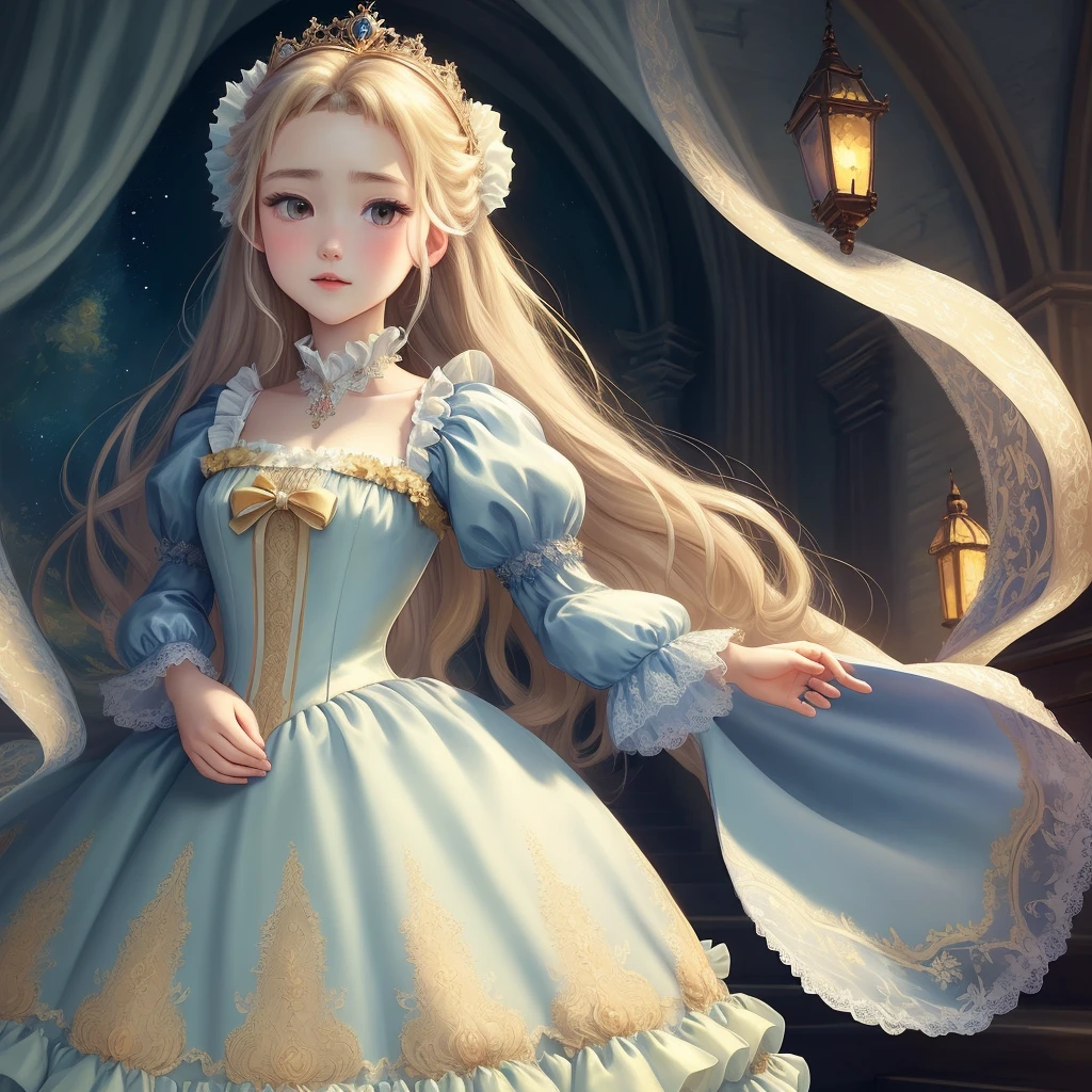 Masterpiece, Best Quality, Intricate and Delicate, Rapunzel, Princess Dress, Ruffled Lace Dress, Solo Girl, Rich Colors, Van Gogh - V6