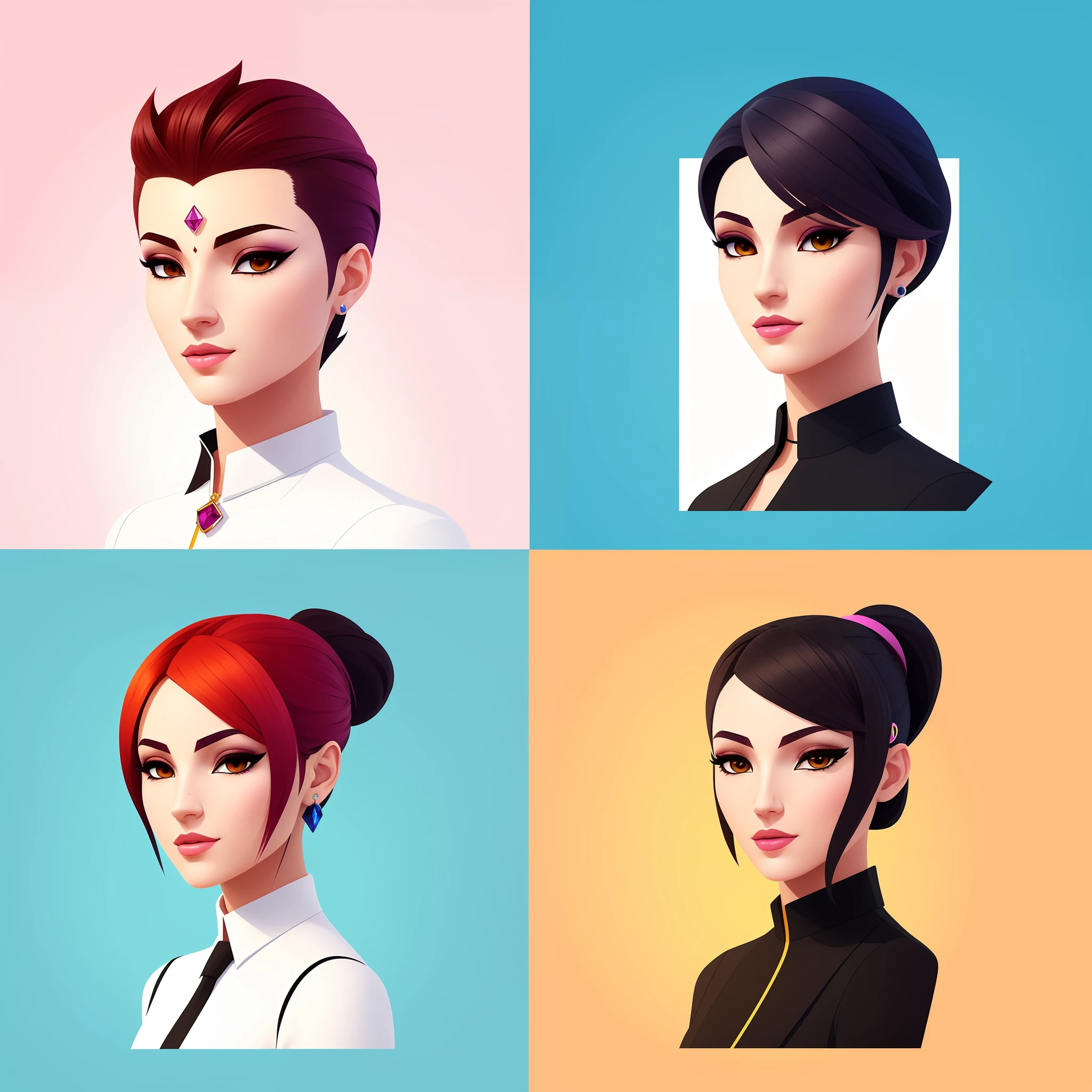 Four abstract male and female avatars in different colors and styles, business, elegant, design your own avatar, high quality portraits, professional avatars, colorful people faces, people illustrations, avatars for your profile, professional vector graphics, flat illustration , high-quality character design, 3d illustrations, mysterious lighting, texture of gems