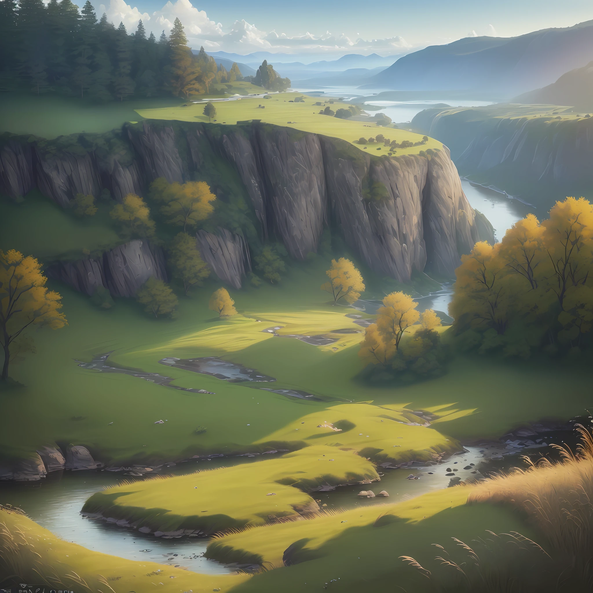 Landscape, valley, tall grass, morning, dawn, stones, sea in the distance, (masterpiece, best quality, extremely detailed CGI, ultra-detailed, intricate details: 1.2), 8k wallpaper, (realistic textures: 0.8), high resolution, ( vivid Colour, Dynamic Illumination: 1.0), (High Contrast: 0.8), (Panorama: 1.2)