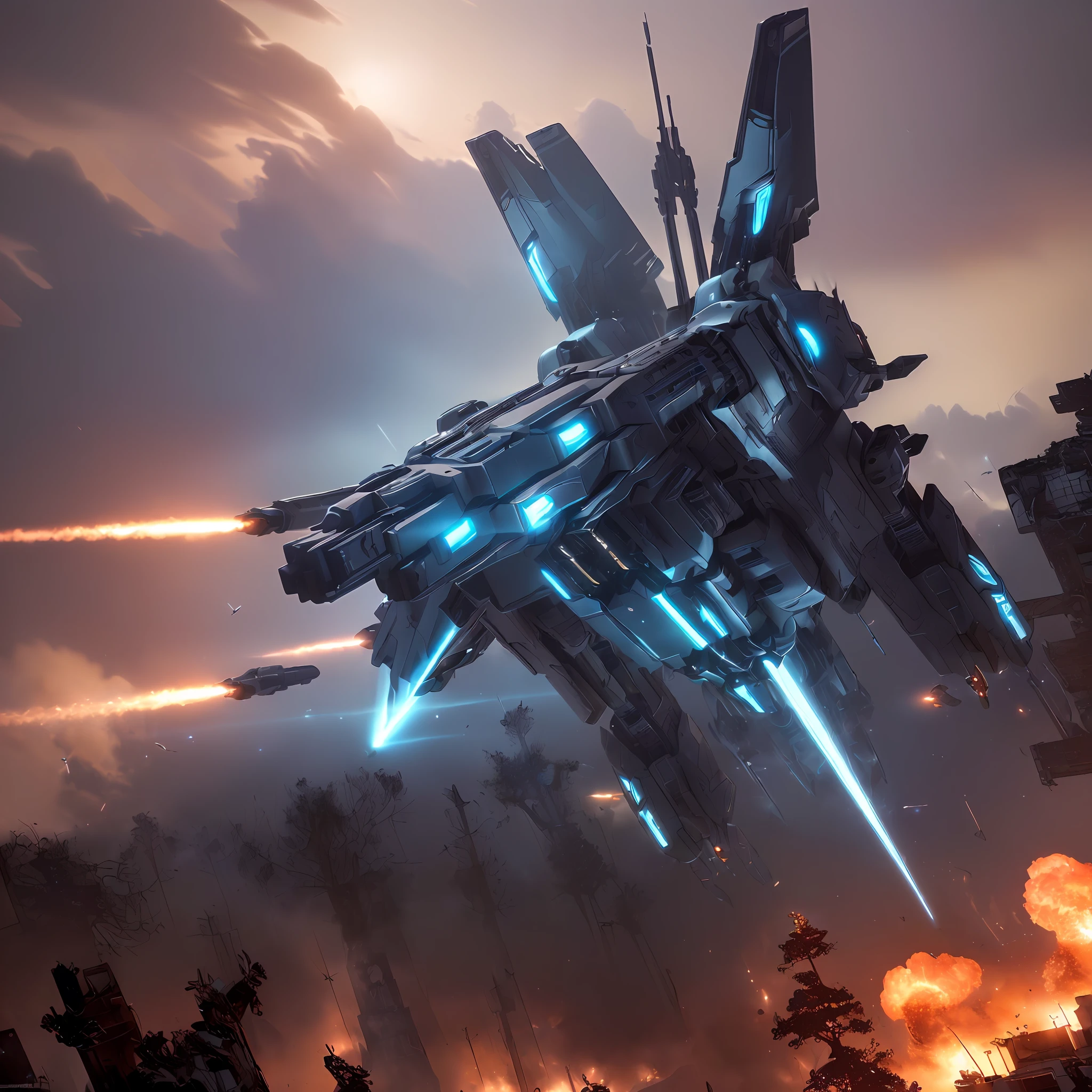 (extremely detailed CG unity 8k wallpaper), best quality, dynamic angle, floating, intense atmosphere,

[(1mecha), advanced technology, chrome finish, glowing blue eyes,
(missiles and rockets), (smoke and fire), (explosions and debris), (mecha and soldiers), (city and warzone), (buildings and ruins), (twilight and darkness), (dramatic camera angles)]