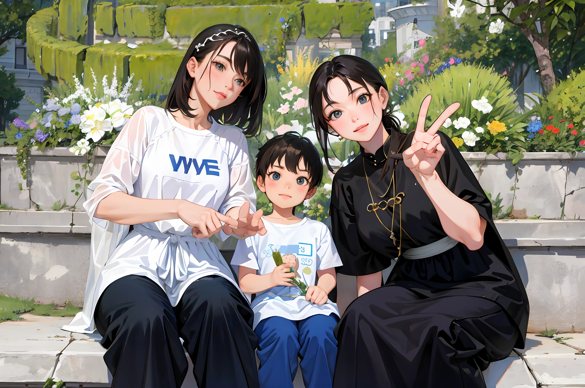 (highest resolution, distinct_image), 8K, best quality, masterpiece, high detail, semi-realistic, with two women and a child sitting on a bench, little aunt mother and son, with child, innocent boy, smiling prince, Jin Yiwei, happy family, Li Zixin, 30-year-old woman, 30-year-old woman, handsome --v6