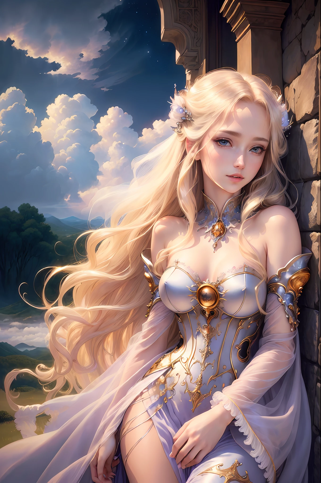((best quality)), ((masterpiece)), (detailed), princess long blonde hair, ethereal beauty, fabulously beautiful dress, (fantasy illustration: 1.3), enchanting gaze, captivating pose, facial features delicate, otherworldly charm, mystical sky, (Luis Royo:1.2), (Yoshitaka Amano:1.1), moonlit night, soft colors, (detailed clouds:1.3), (high resolution:1.2)